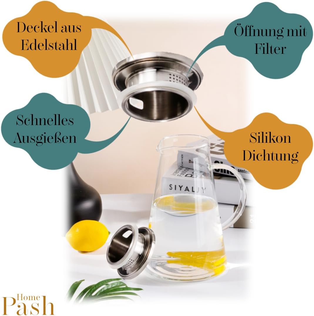 Pash Home Elegancka karafka na wodę 1,85 litra z borokrzemianu z filtrem Pojemność 1.85 l