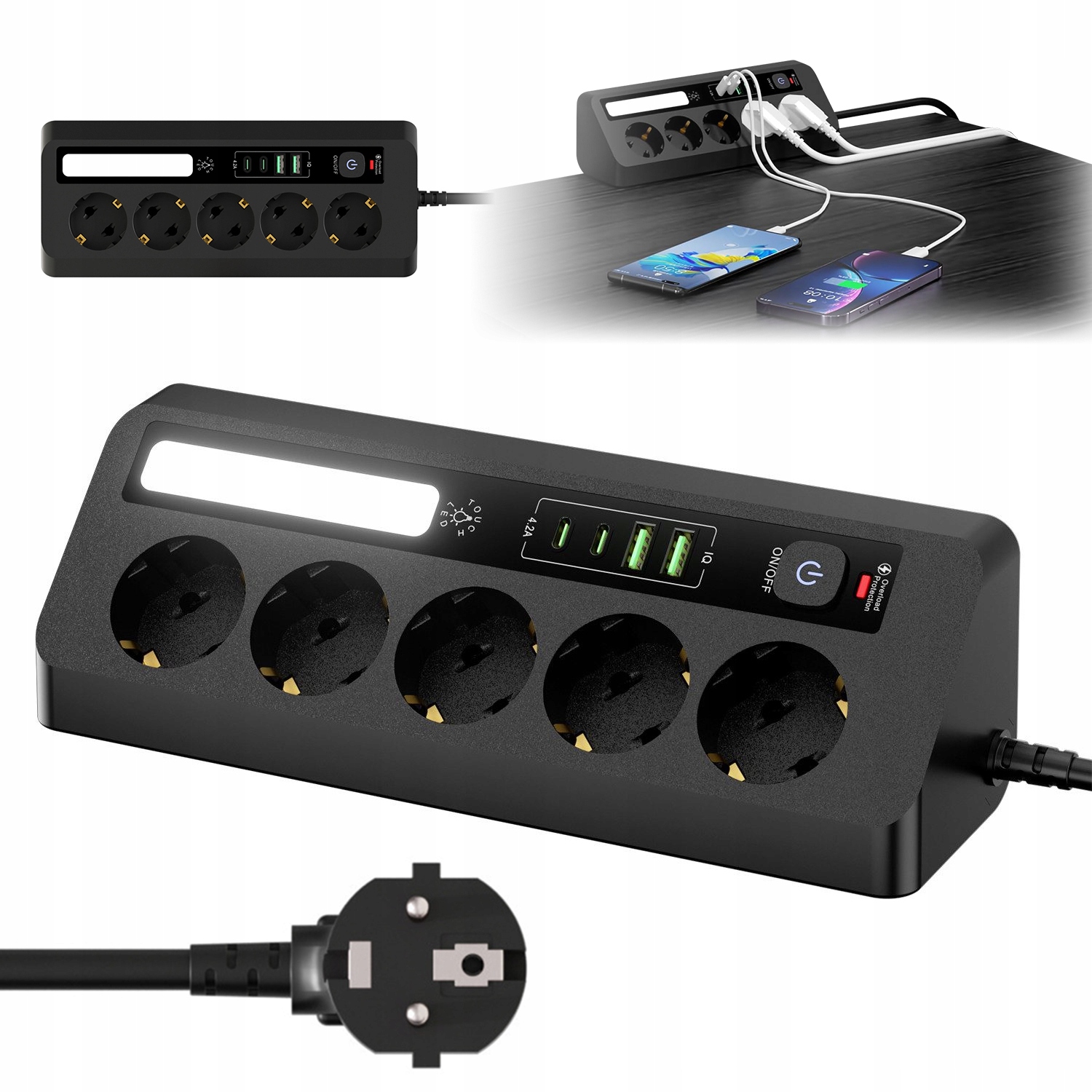 Prodlužovací Kabel Zásuvková Lišta 1.8 m 5 Zásuvek Uzemnění 4XUSB Vypínač