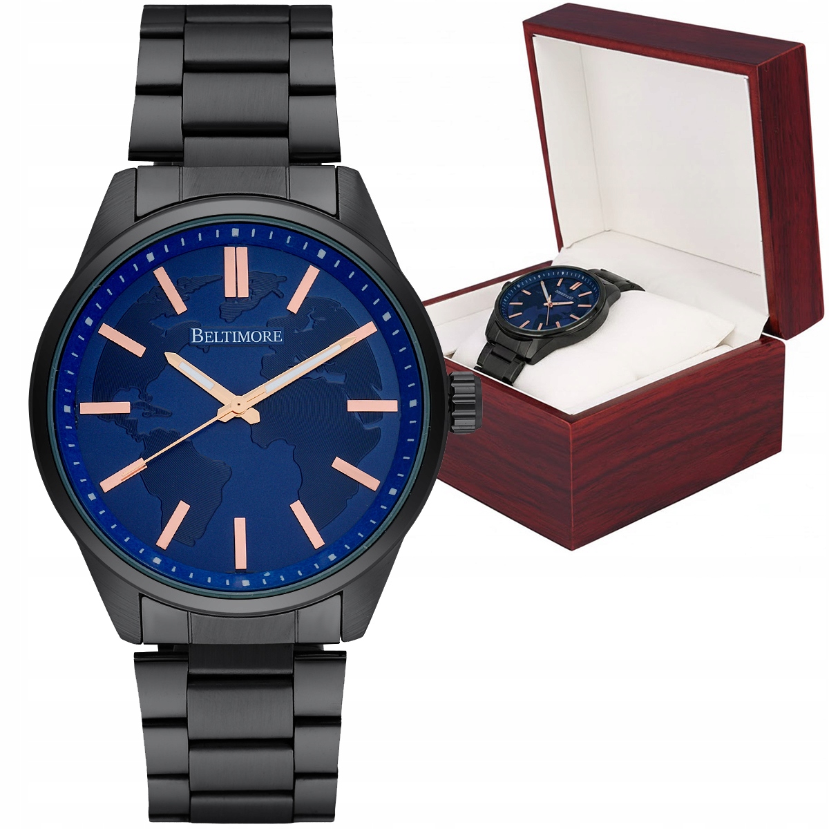 Pánské hodinky náramek velký pevný tmavě modrý křemenný krabička Beltimore