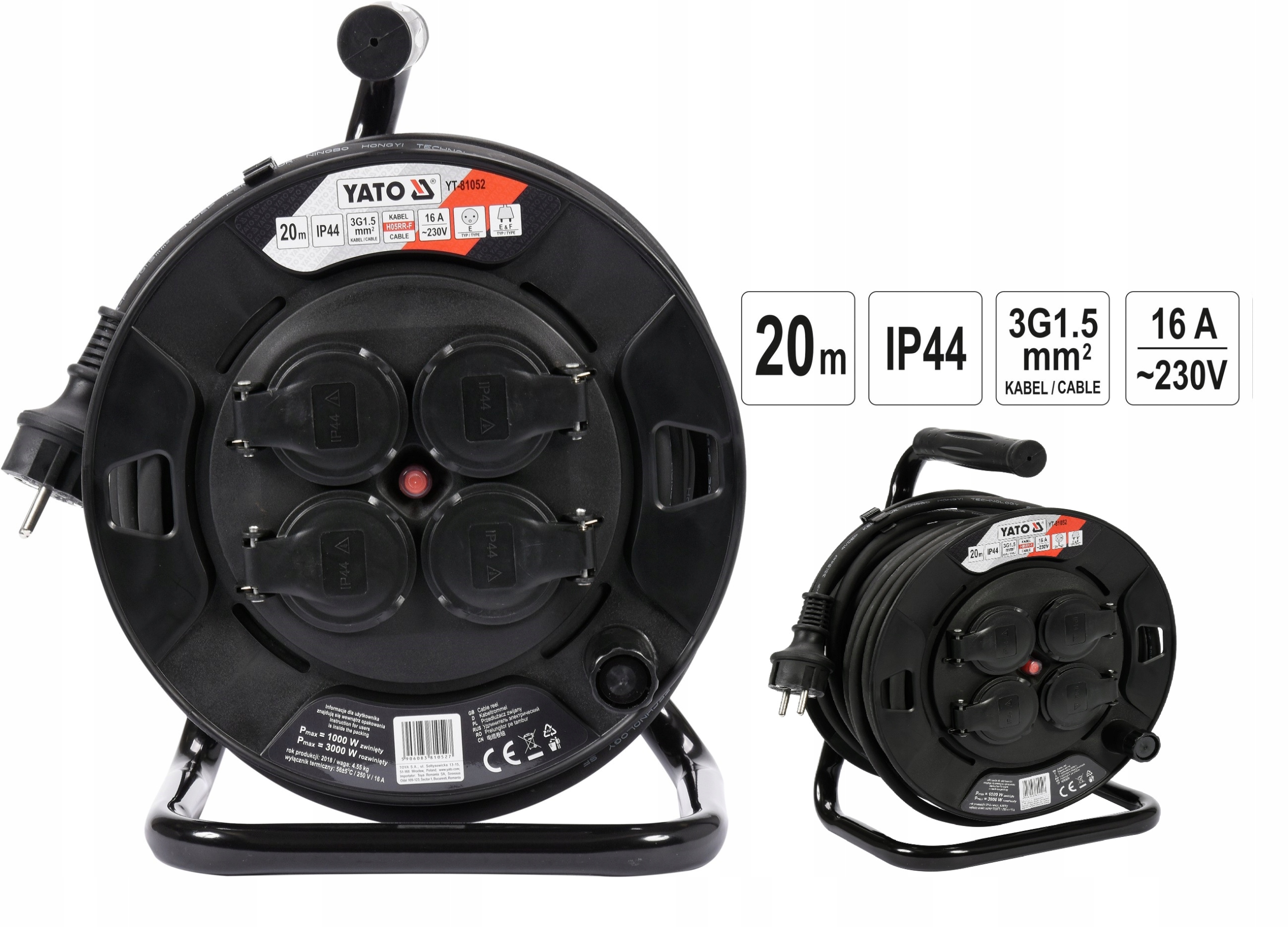 Prodlužovací Kabel Bubnová 4 Zásuvky 3 Žíly IP44 3x1,5mm2 20m Yato YT-81052