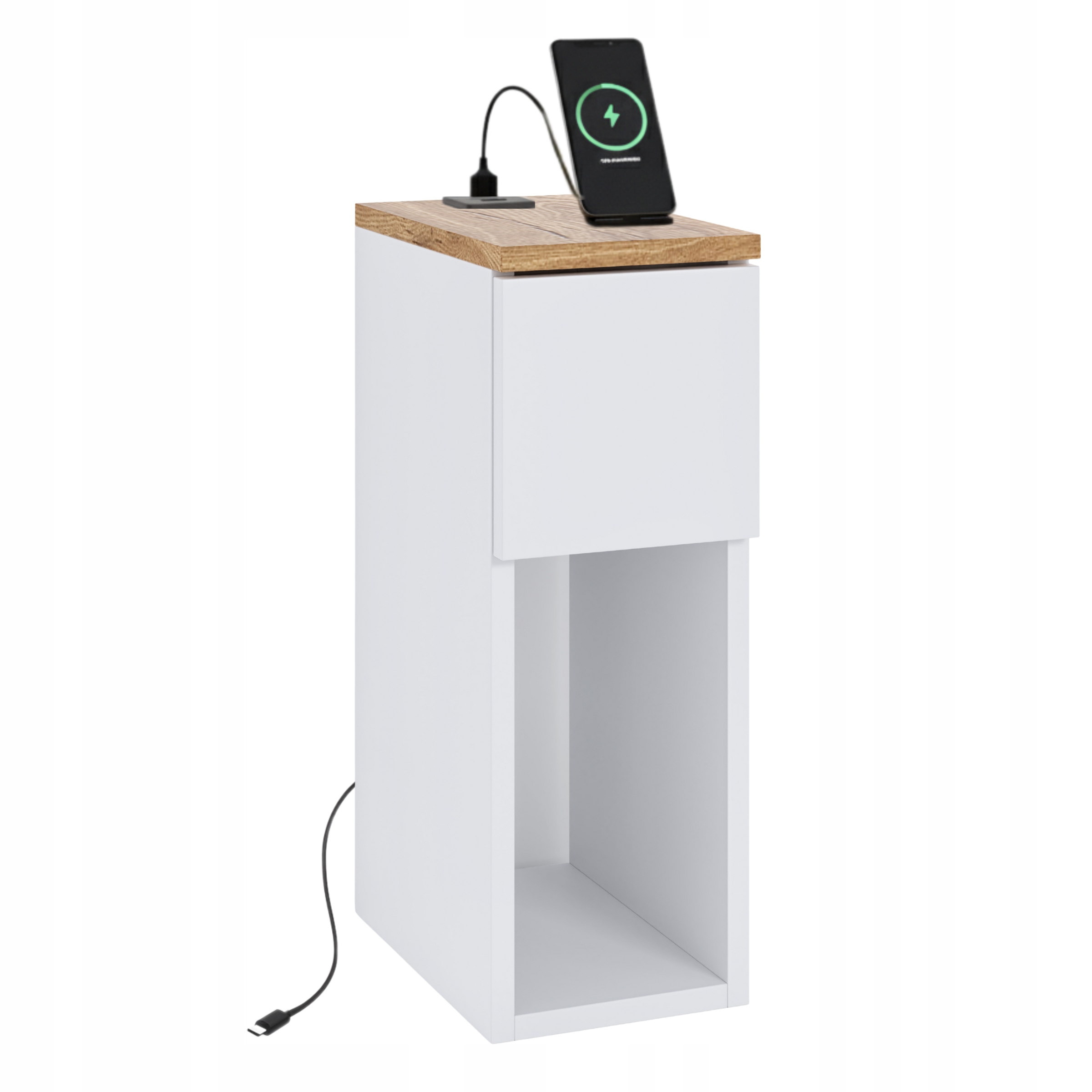 SZAFKA NOCNA Z PORTEM USB/C 5V BIAŁA DĄB TORRO 20x30 CM Z SZUFLADĄ I PÓŁKĄ