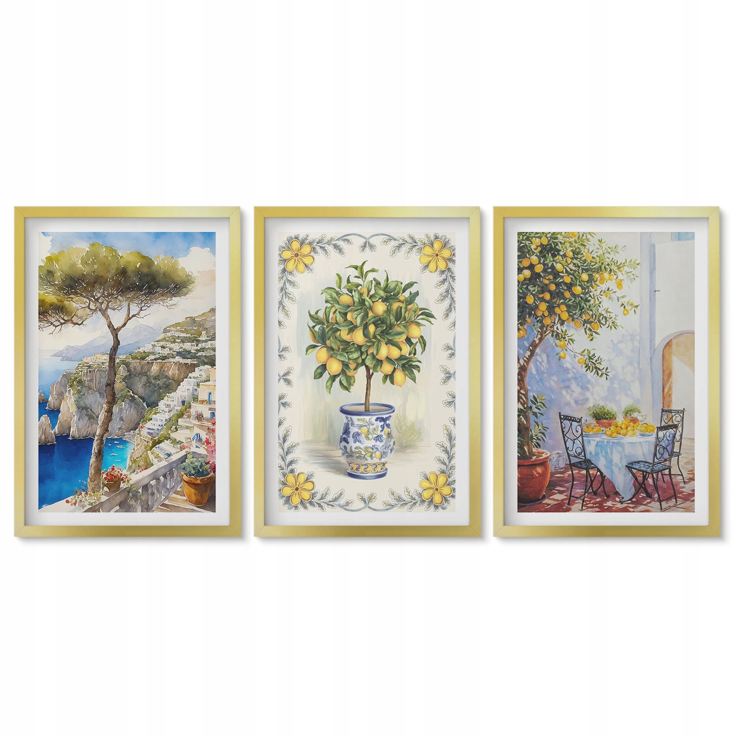 Sada 3 obrazů 40x60 cm do obývacího pokoje Triptych Moře stromy citrony pohled