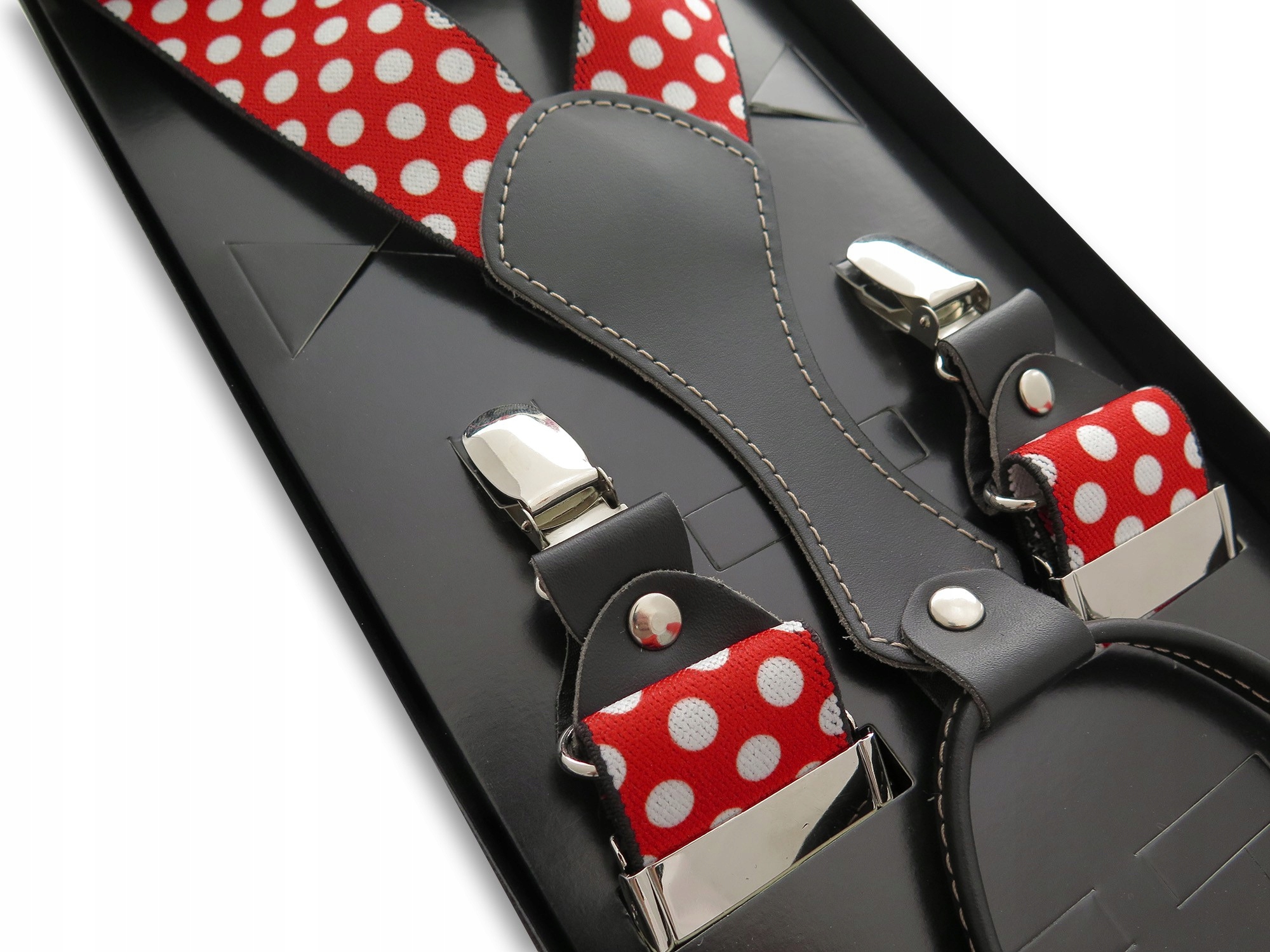 Czerwone szelki do spodni w białe grochy SZ164