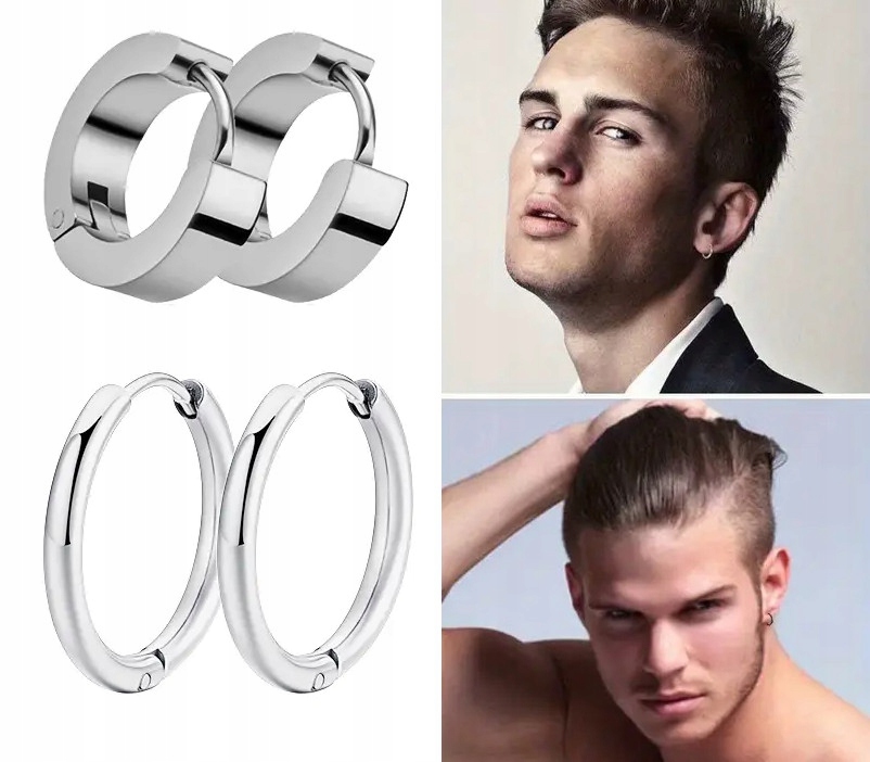 KOLCZYKI MĘSKIE SREBRNE 2 PARY KÓŁKA 10 mm HUGGIE STAL CHIRURGICZNA