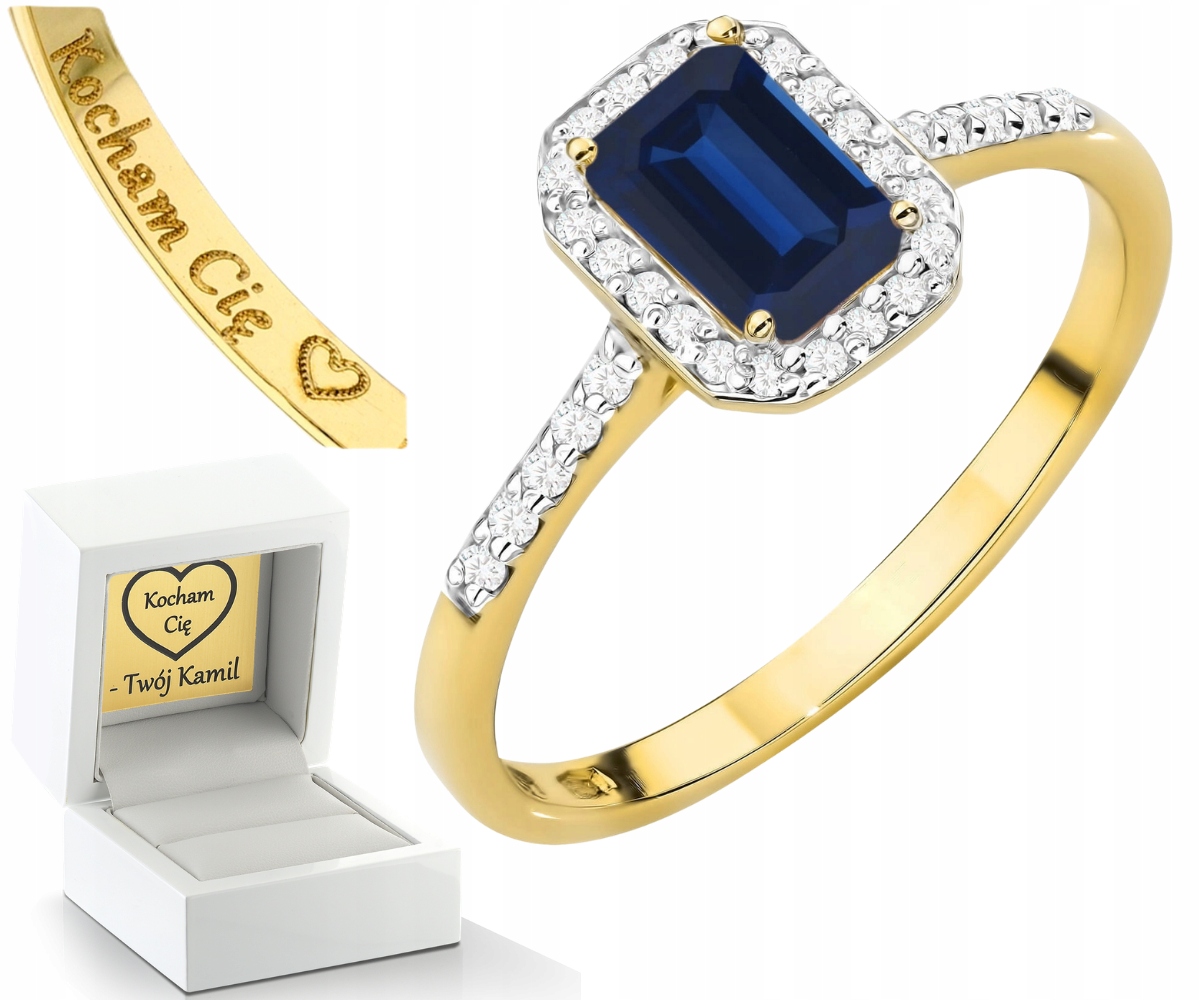 Zlatý Prstýnek Diamanty A Přírodní Kámen Safír 585 Gravírování Dárek