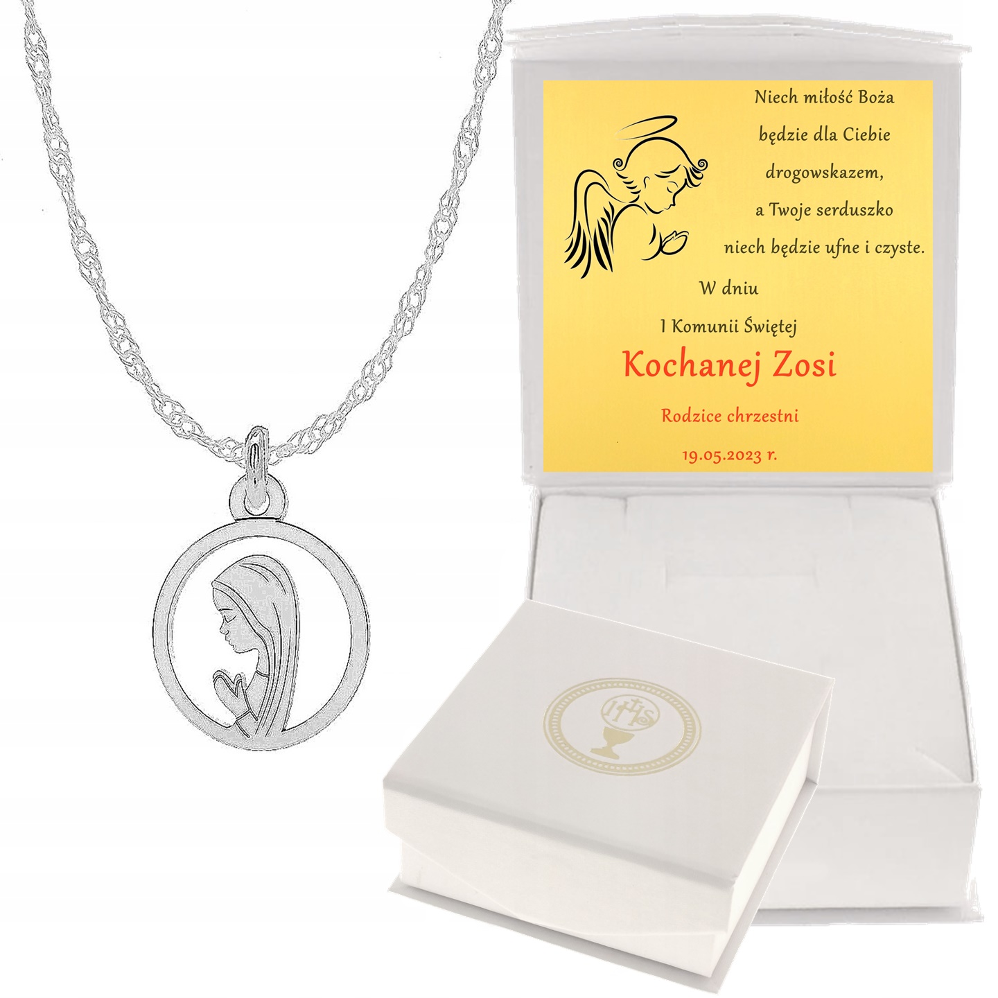 SREBRNY NASZYJNIK Z MEDALIKIEM I KOMUNIA ŚW GRAWER