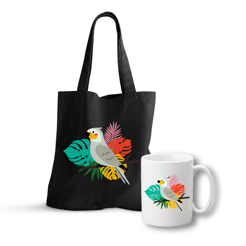 

Zestaw Torba Czarna Kubek Papugi 01