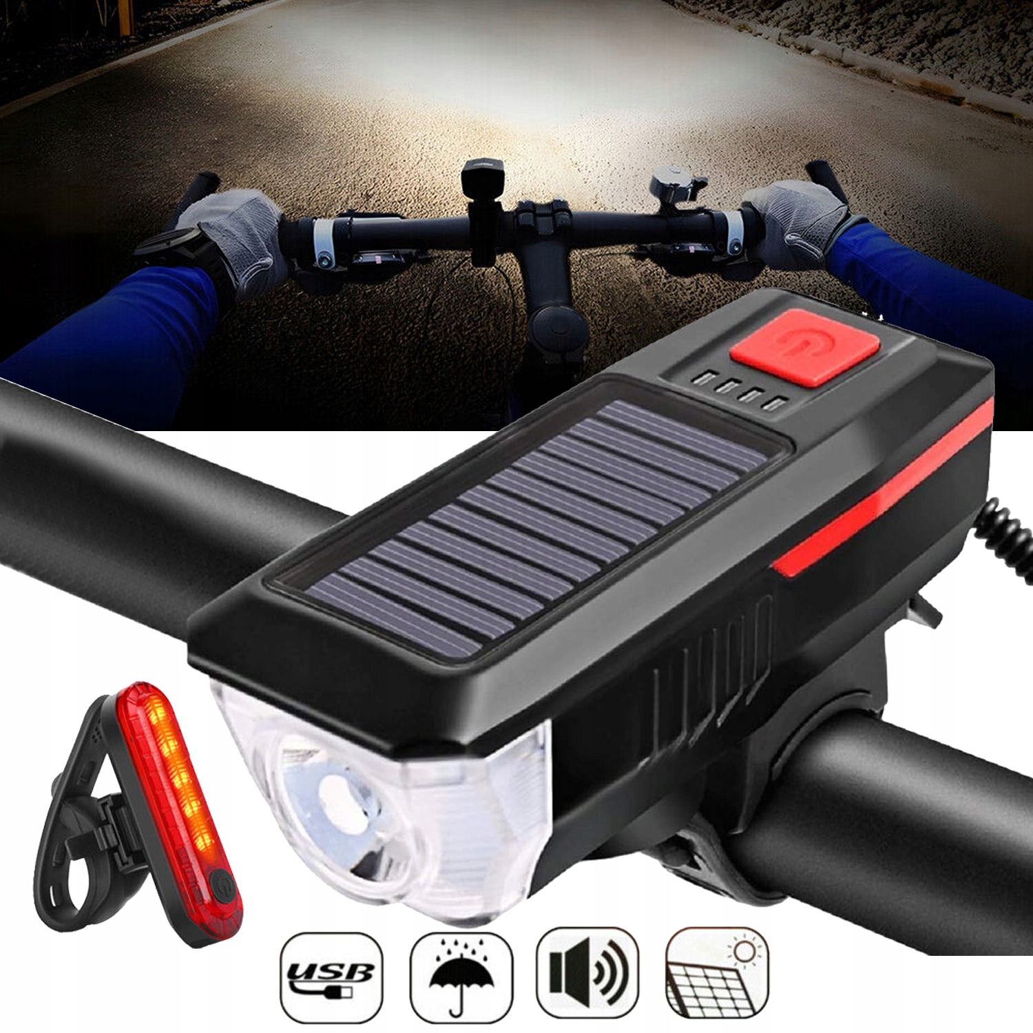 ZESTAW OŚWIETLENIA ROWEROWEGO LED, ŁADOWANIE SŁONECZNE, WODOODPORNA, 120DB