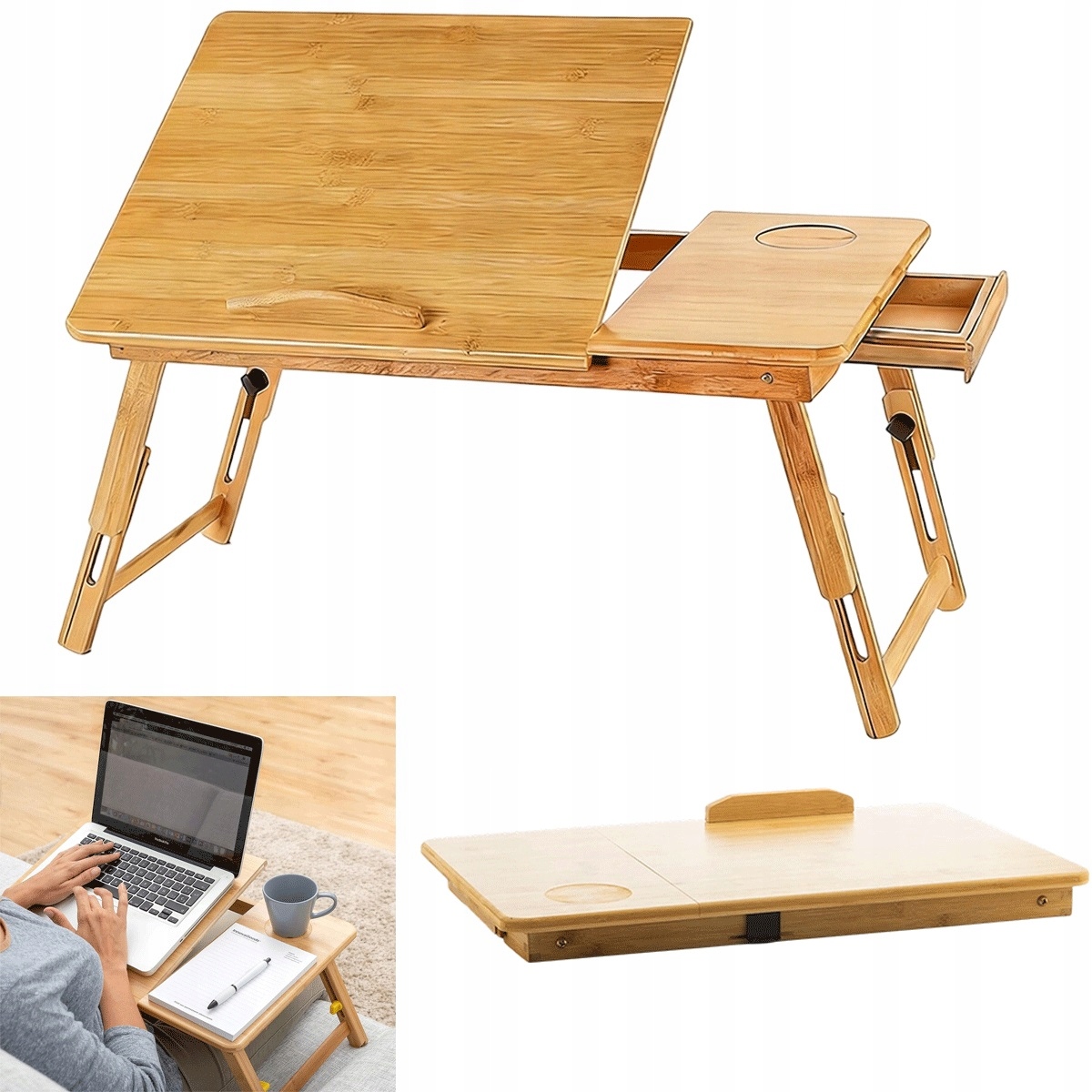 Regulovatelný skládací stůl s zásuvkou pro notebook Přírodní Dřevo