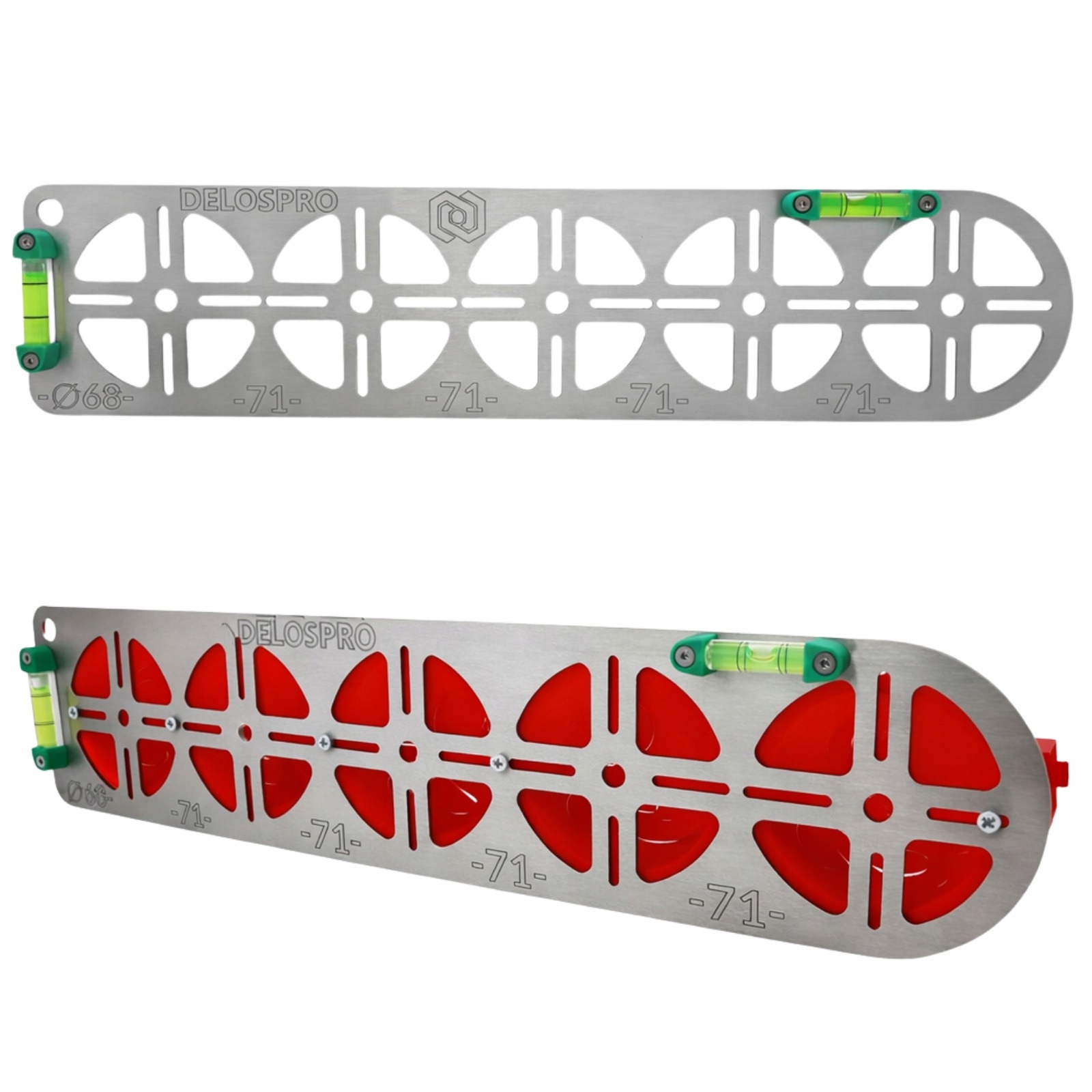 Šablona rozměrů pro 5 otvorů do elektrických plechovek 68 mm, nerezová