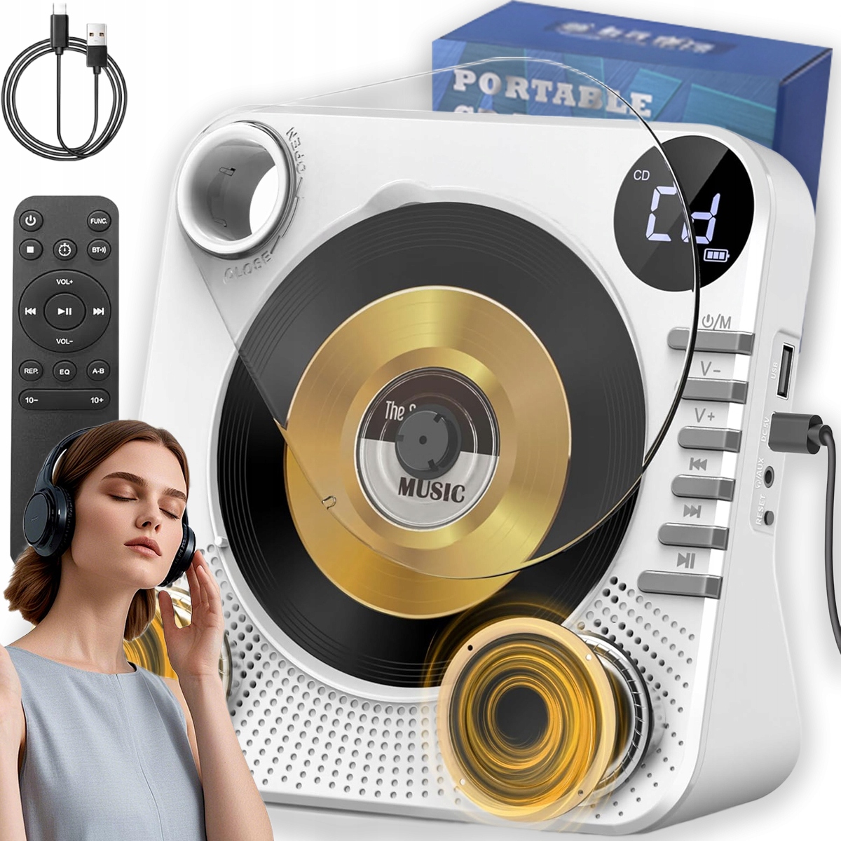 Přenosný Přehrávač CD Reproduktor Bluetooth Rádio Aux Usb Fm Bílý MP3 S LCD
