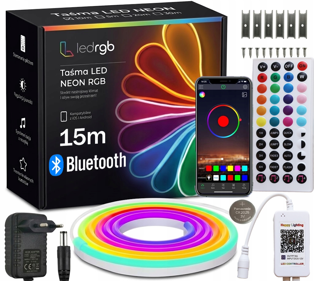 Set Led Pásek Neon 15M Rgb 1x15m Bluetooth Aplikace Dálkový Ovladač Napájecí Zdroj IP67