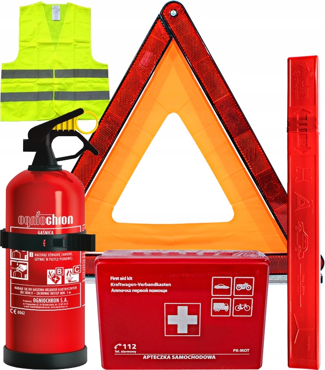 KOMPLET APTECZKA GAŚNICA TRÓJKĄT OSTRZEGAWCZY KAMIZELKA ODBLASKOWA ZESTAW