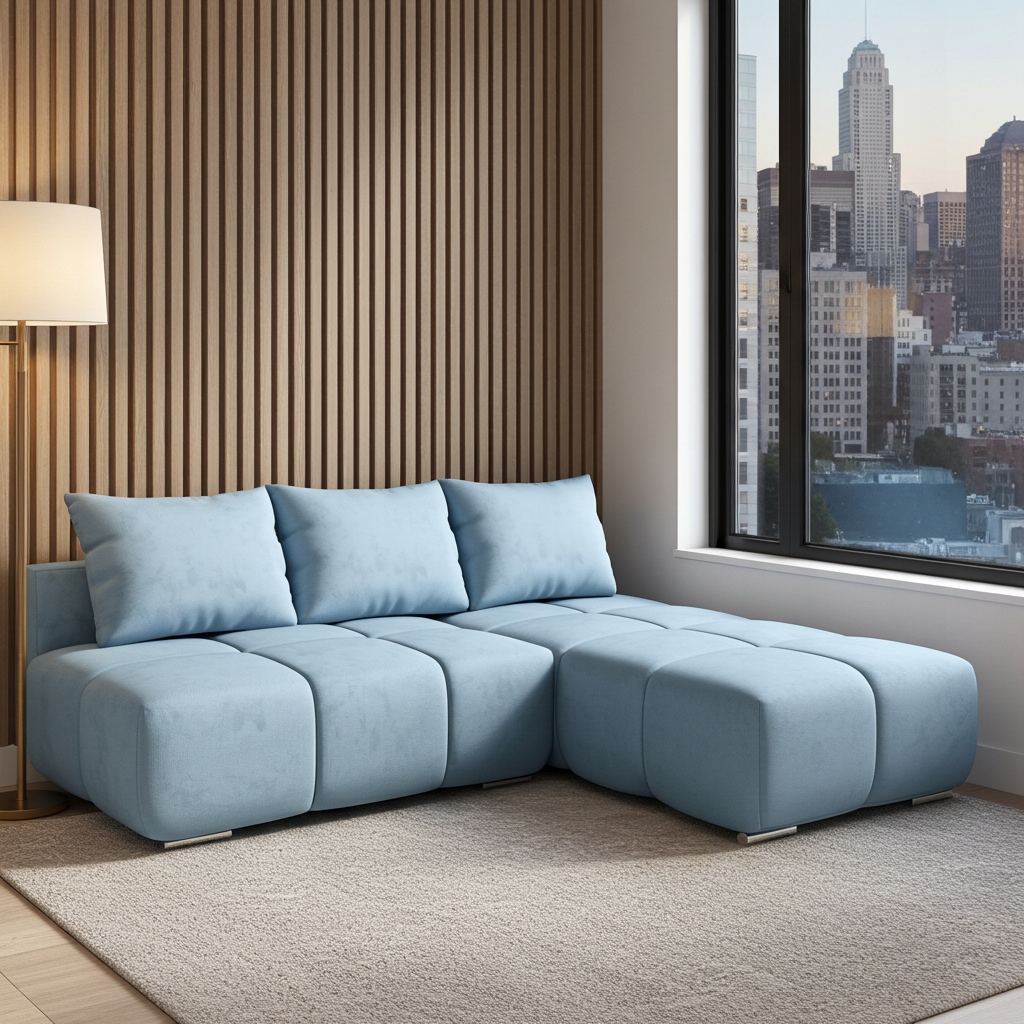 Modrý Rohová Sedací Souprava Rozkládací Do Obývacího Pokoje Rohová Sedačka S Funkcí Spaní Honey Mini