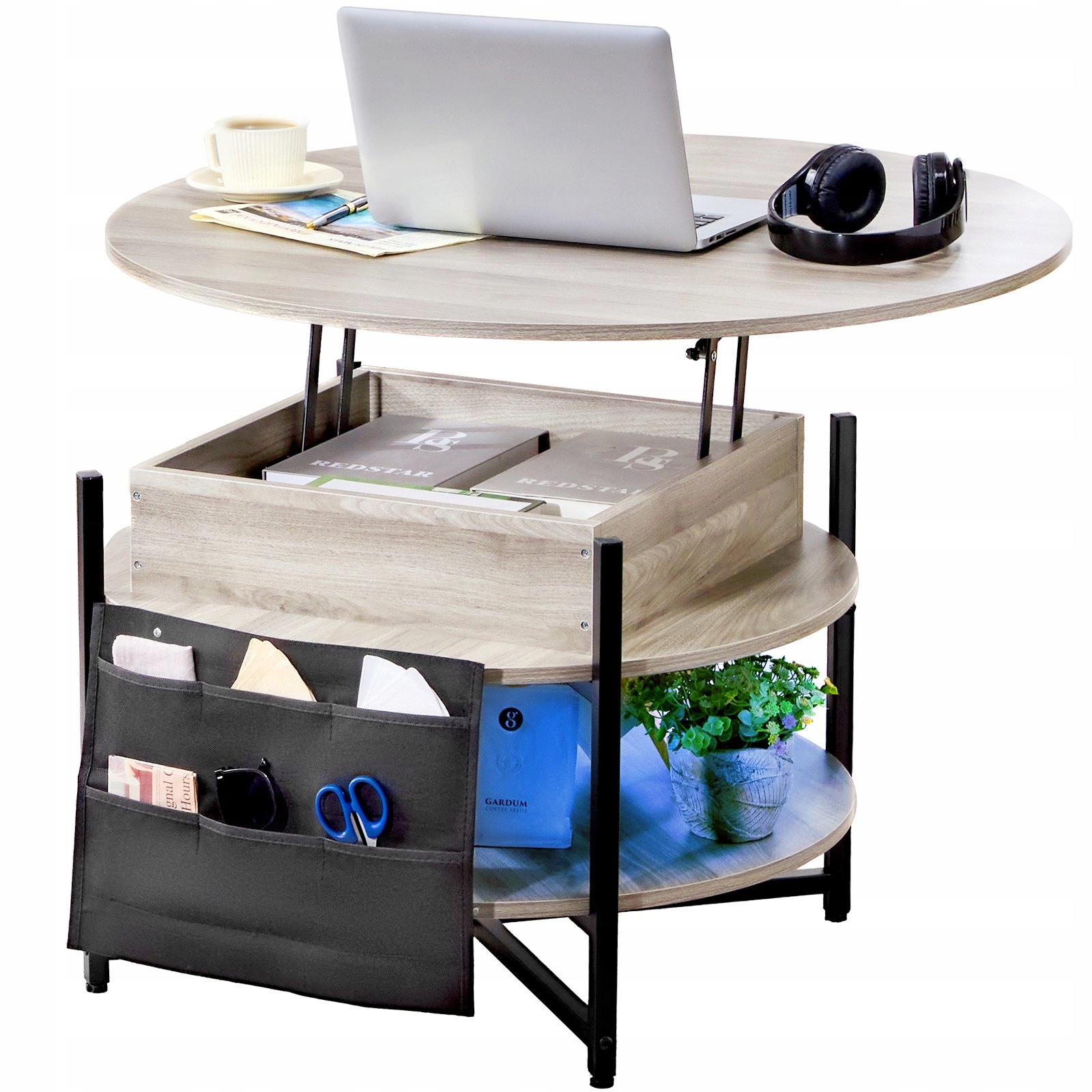 Kávový stolek kulatý se zvedací deskou a úložným prostorem 90 cm, světlý