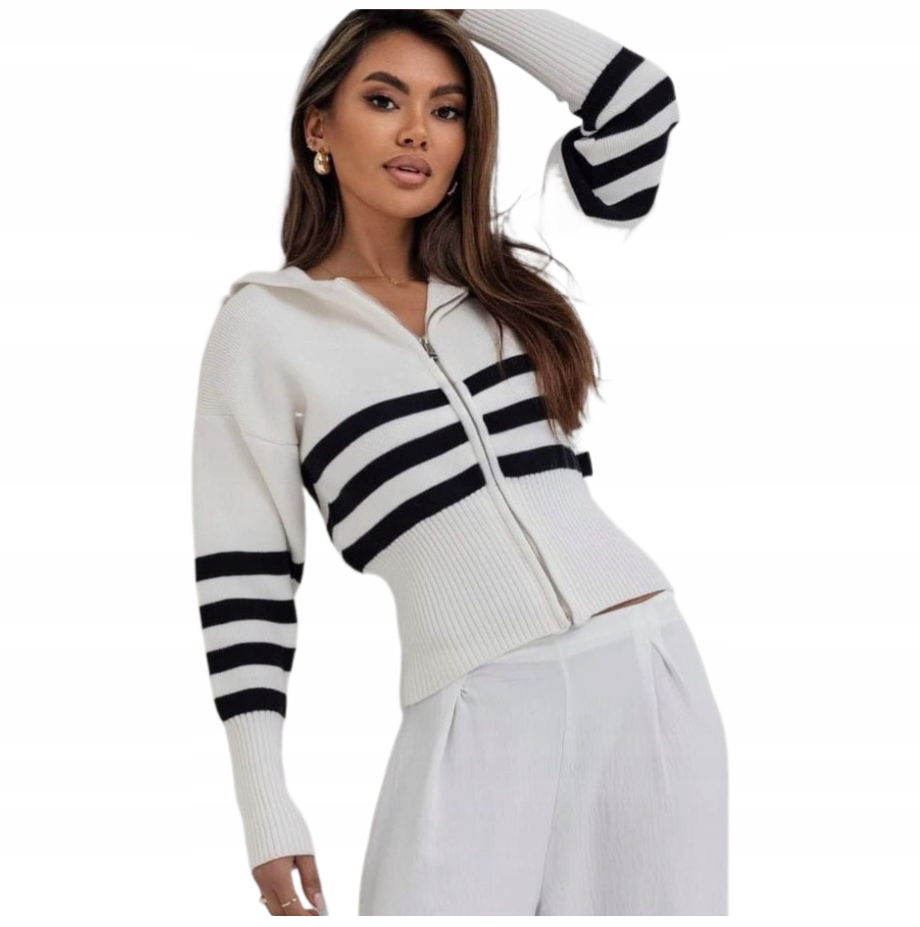 Cocomore Kardiganový svetr bílý černé pruhy Kapuce Zámek Novinka