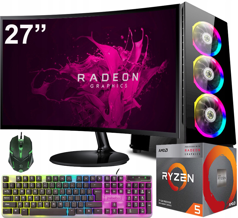 Zestaw Komputer Gamingowy 27" |ryzen 5|VEGA 11|32GB|1TB| Wi-fi|win 11