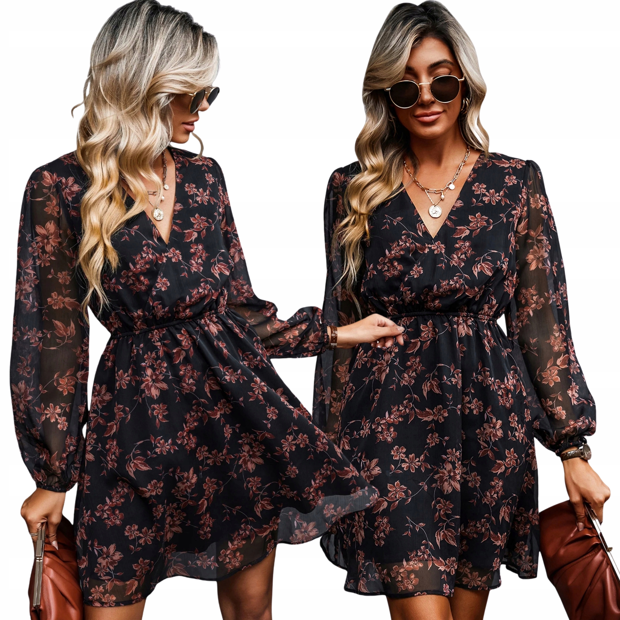 Sukienka damska midi czarna w kwiaty zwiewna z długim rękawem i dekoltem V