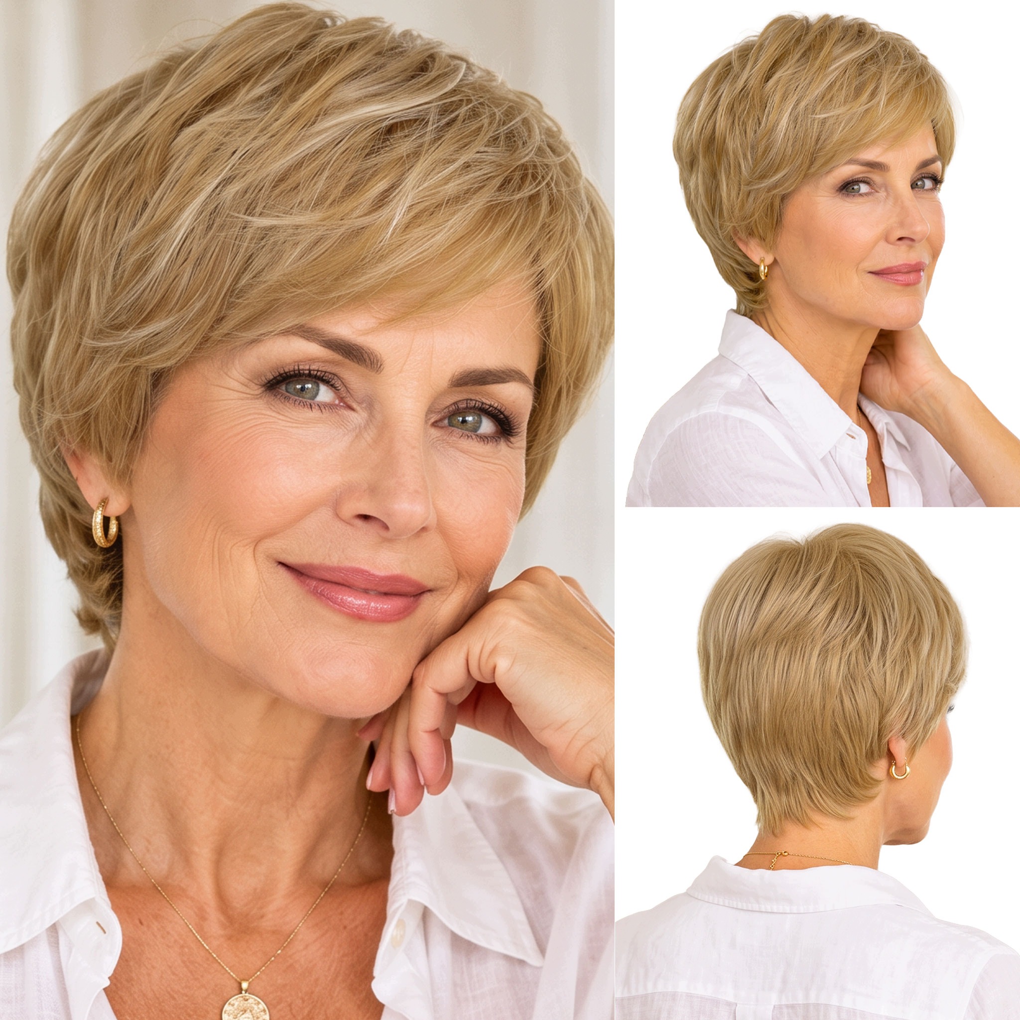 Peruka syntetyczna Pixie Cut bardzo lekka krótka naturalny blond balayage