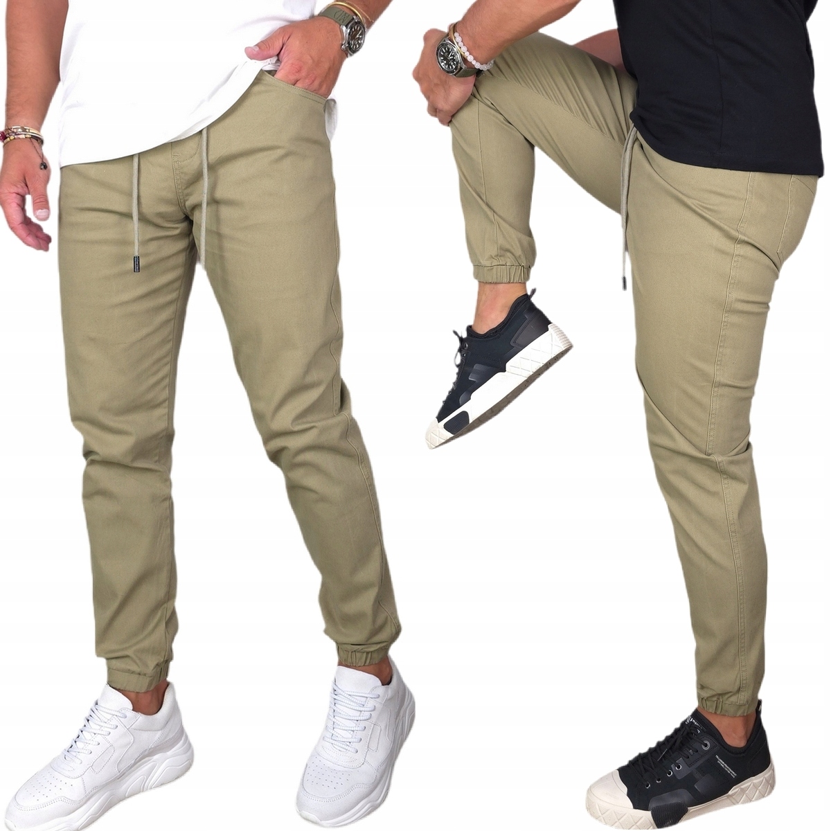 Jeansowe Spodnie Męskie długie Beżowe Joggery Pas Z Gumką modne M