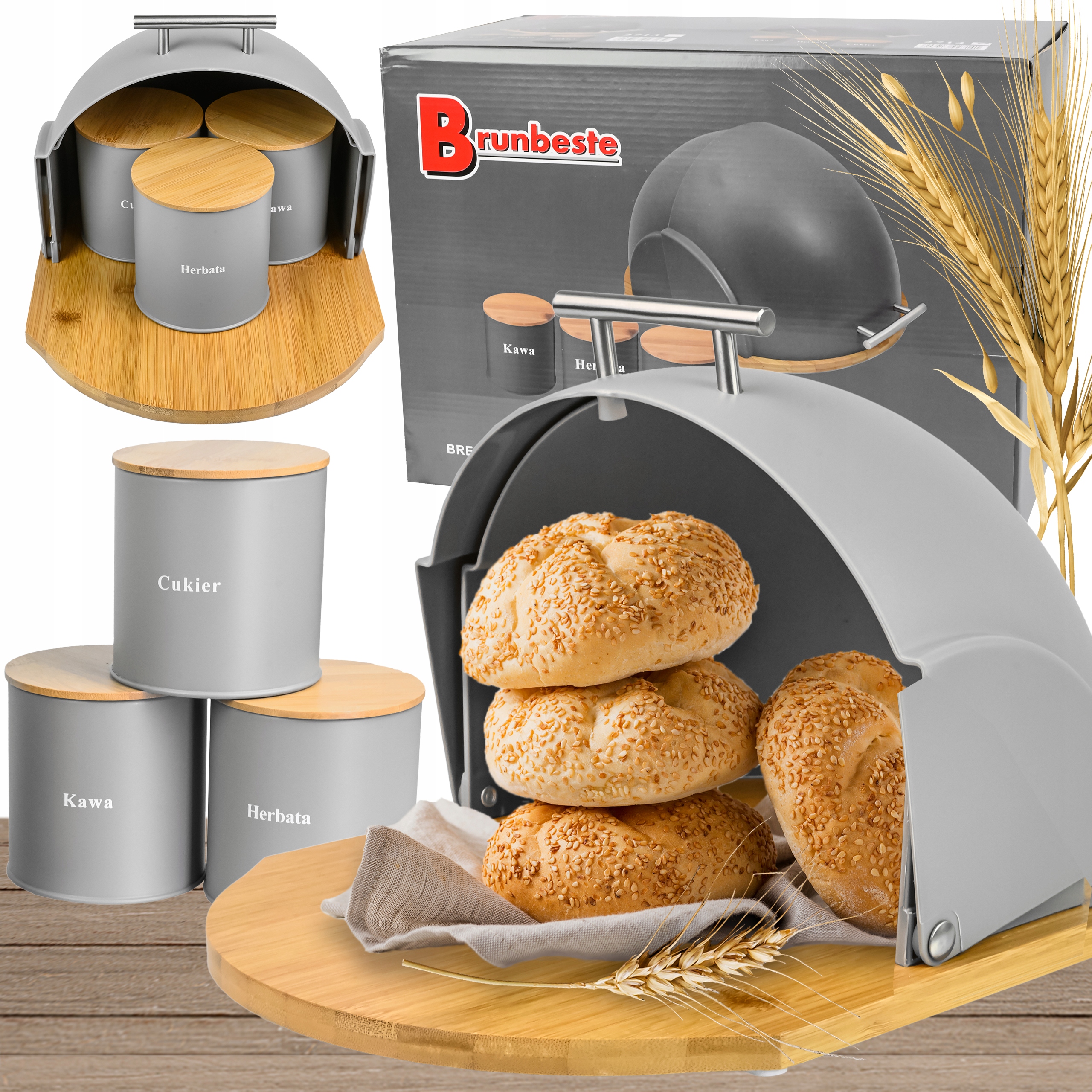 ZESTAW CHLEBAK POJEMNIK NA KAWĘ HERBATĘ CUKIER 5W1