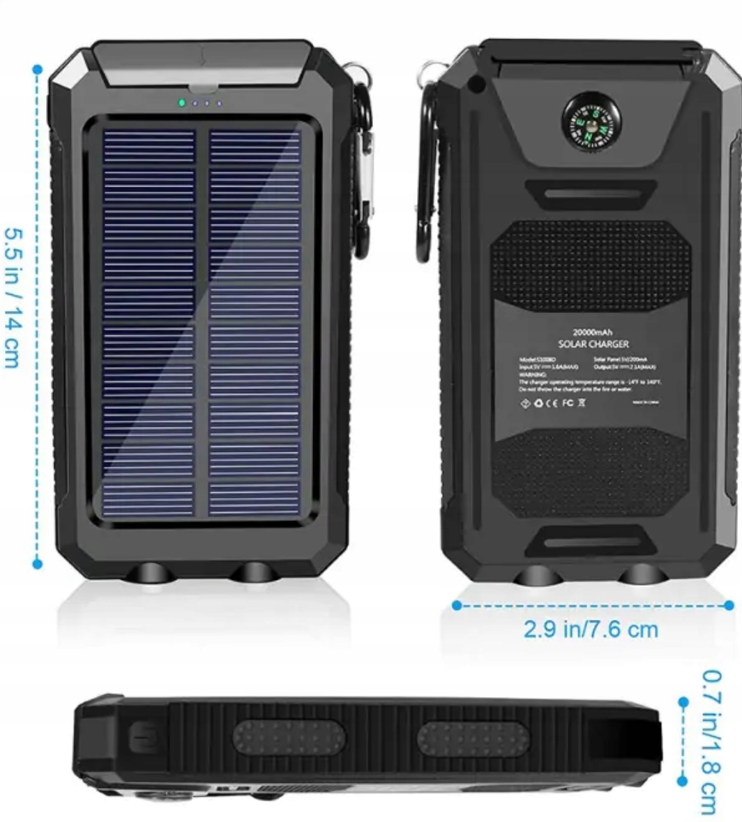 POWERBANK SOLARNY PANCERNY 20000MAH 2xUSB LATARKA Czas ładowania 3 h