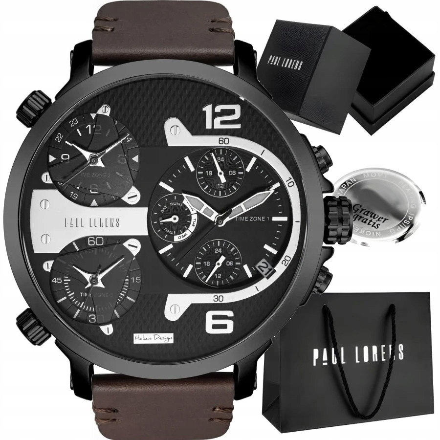 Velké pánské hodinky Paul Lorens Tezert multidatovač časová pásma Gravírování