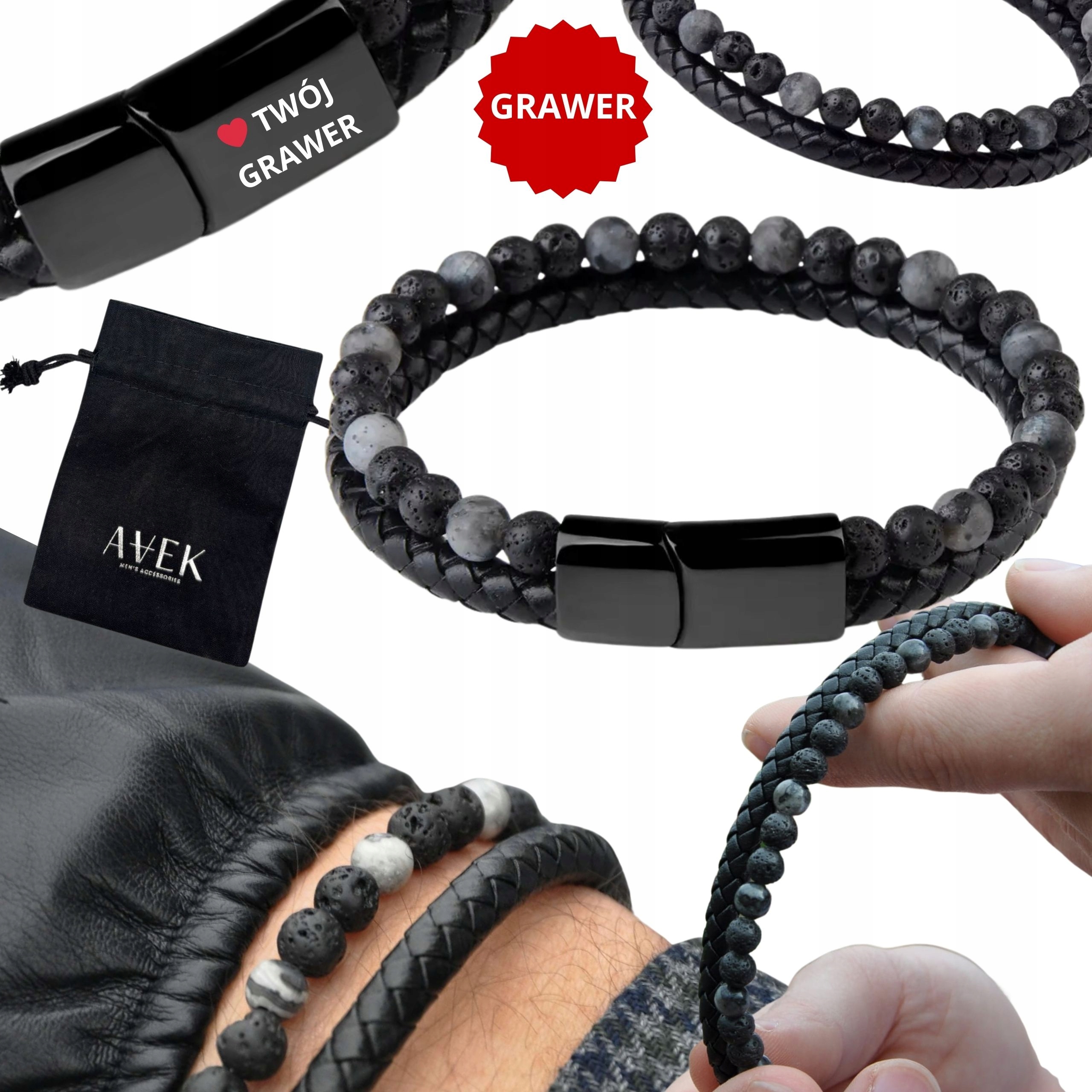 Pánský Náramek Černý Z Kůže S Gravírováním Gravírování Dárek 19 CM