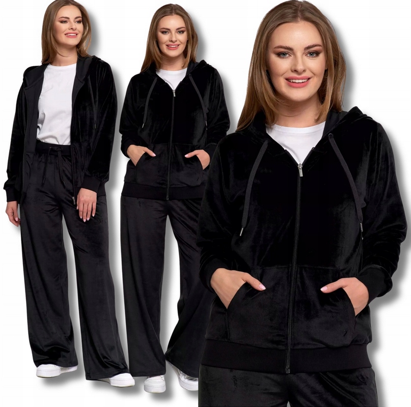 Dres damski welurowy Rozpinany komplet Welur bluza spodnie 3829 black L