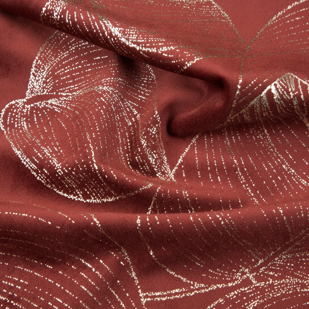 Bieżnik z welwetu 35X180 ceglany w złoty wzór liści Kolor odcienie czerwieni