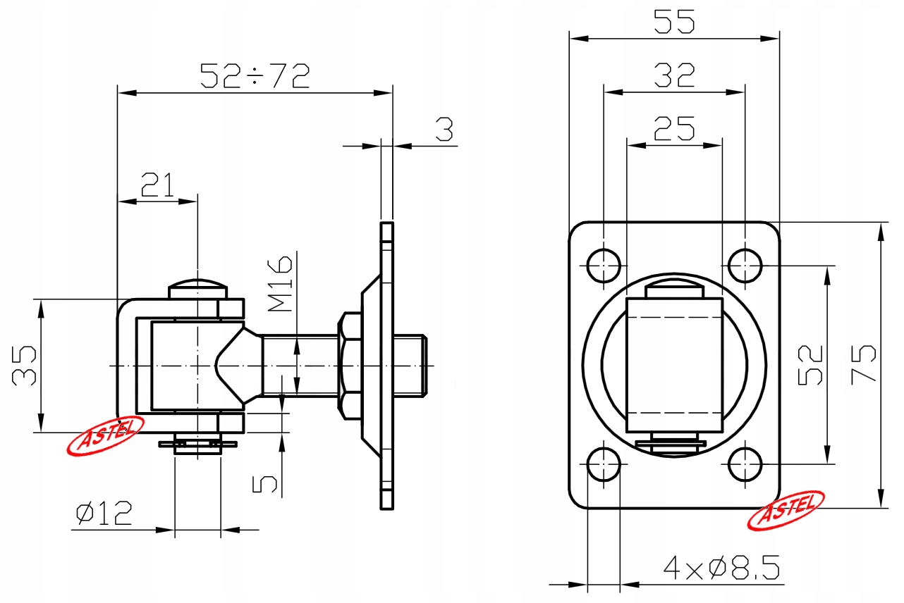 Zawias regulowany M16 (75x55x3) - pakiet 2 szt. Marka Astel