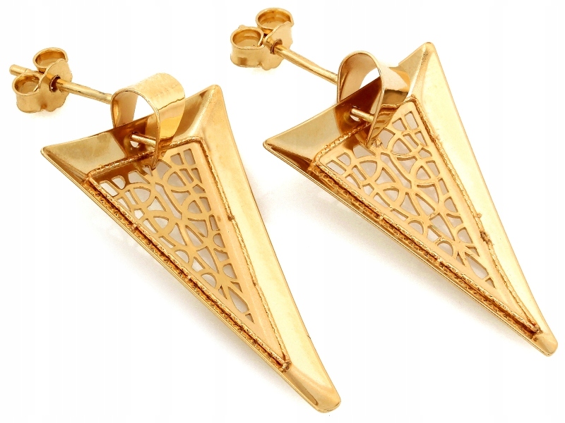 Náušnice ze žlutého zlata 585 velké ažurové trojúhelníky na tyči jako dárek