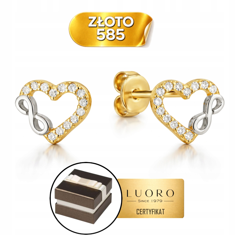 Náušnice Zlaté 585 14K Srdce Nekonečno Zirkony Tyčinka 0,9 CM