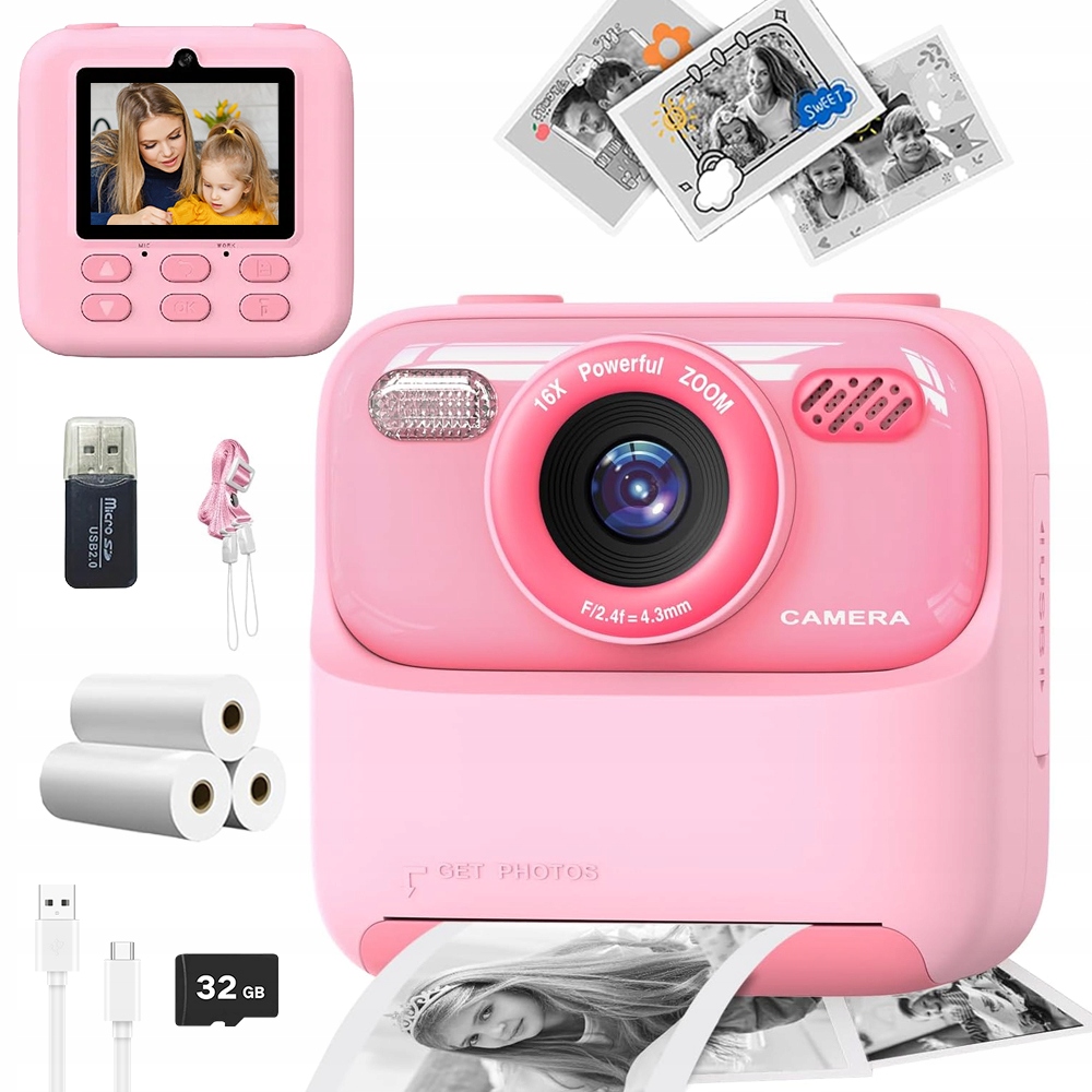Digitální Fotoaparát Inspirovaný Růžovou Barvou S Tiskárnou Pro Děti 32 Gb Kartou