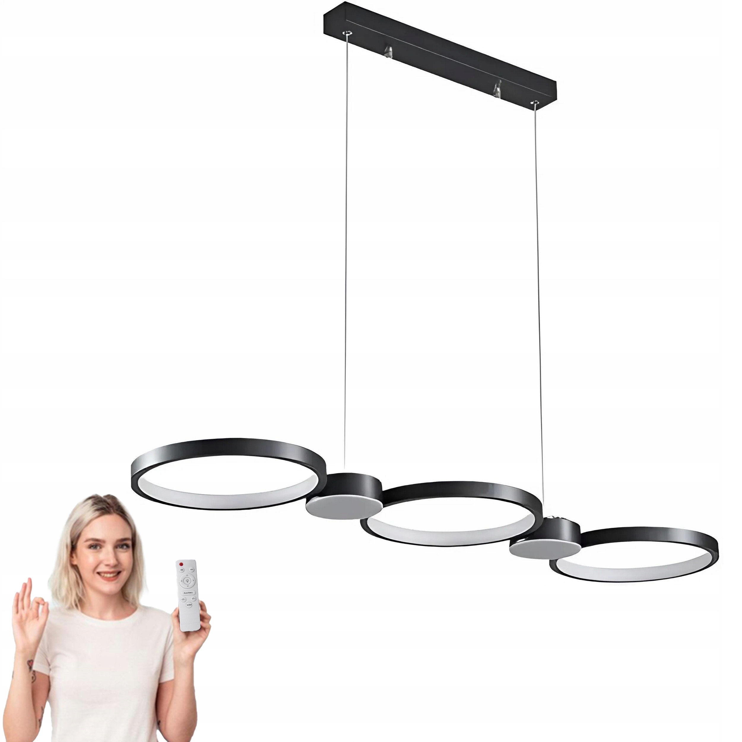 Černá stropní svítidlo Led 3 Kroužky Stropní Svítidlo Závěsný Lustr 95 CM Dálkový Ovladač