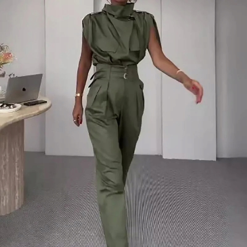 MD zestaw spodnie z wysokim stanem + bluzka KHAKI| M/38 Marka bez marki