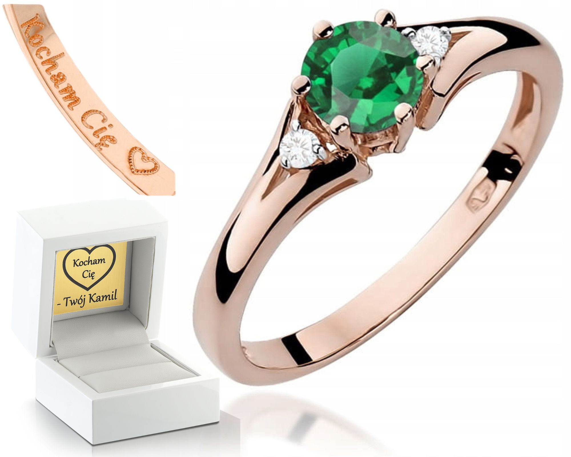 Růžové Zlato Prstýnek Smaragd A Brilianty Diamanty 585 Gravírování