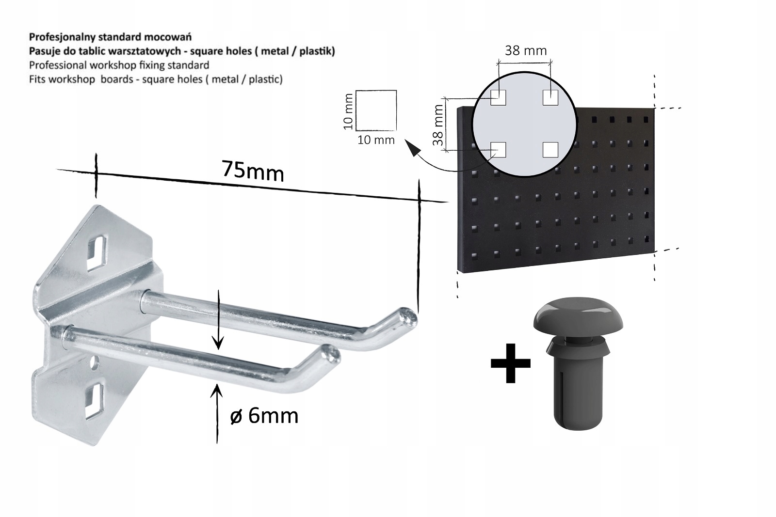 Zawieszki narzędziowe, haki do tablic narzędziowych hak podwójny 75mm