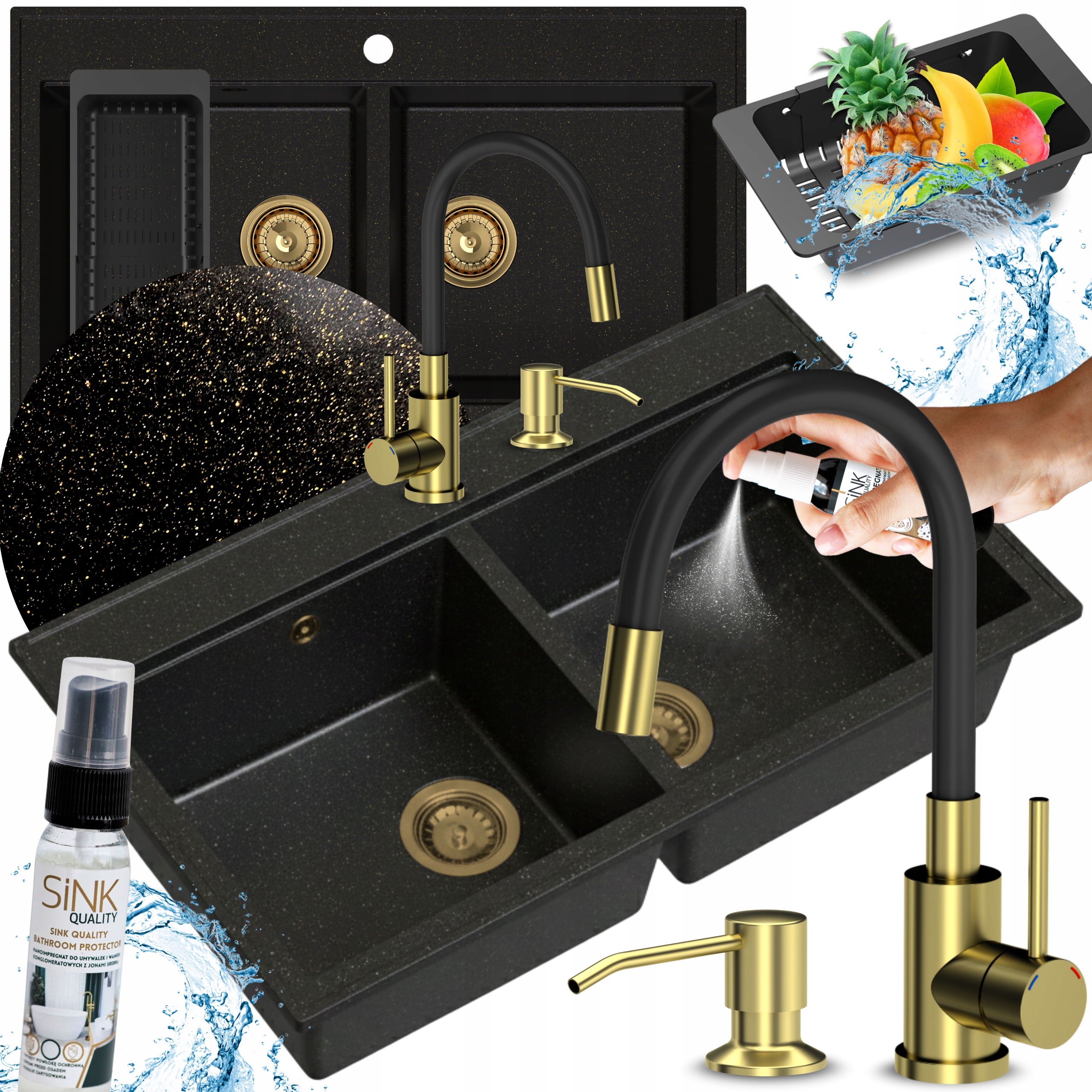 Dvoukomorový Granitový Dřez zlatý Velký Hluboký s Kuchyňskou Baterií 10e