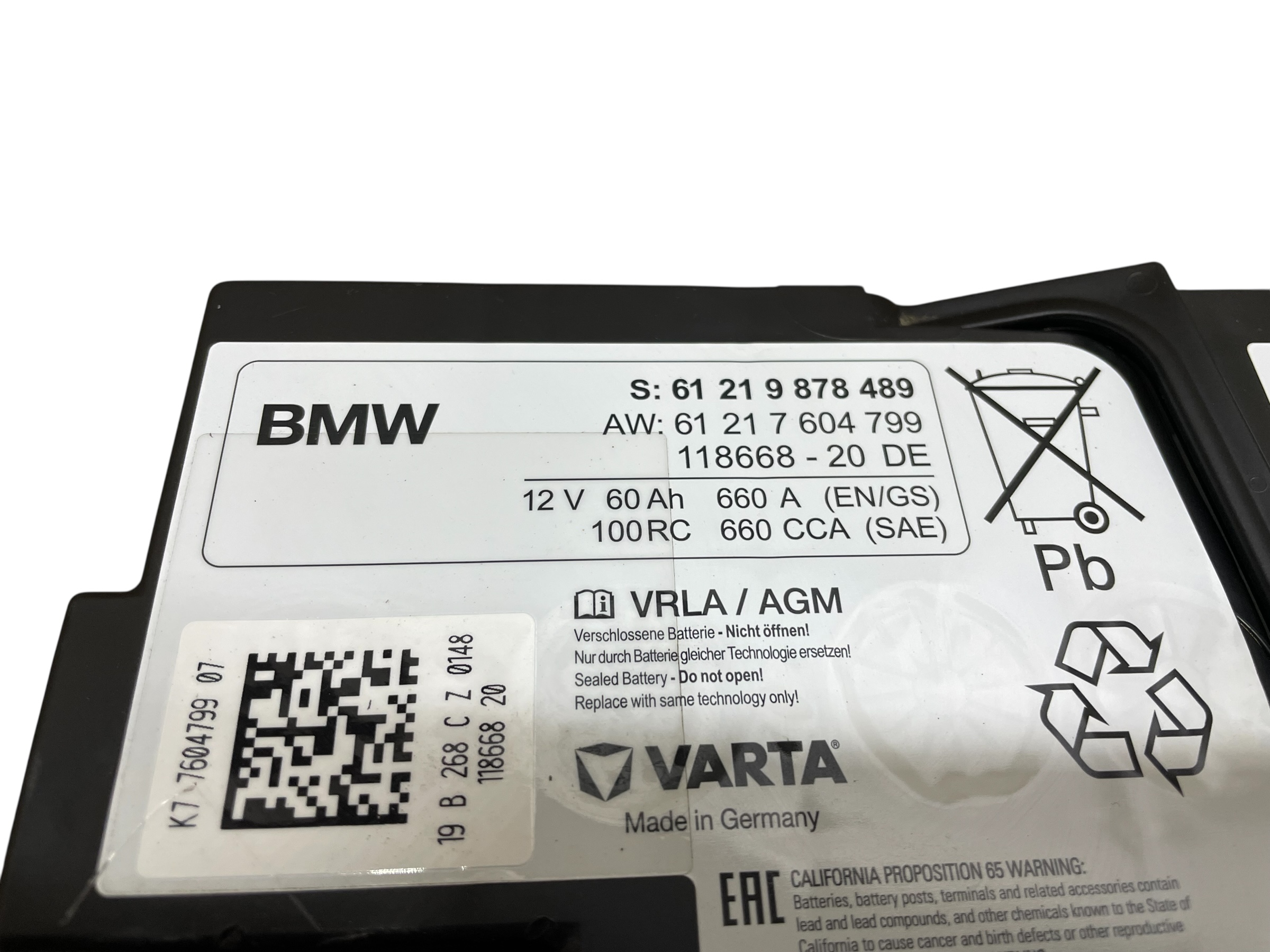batteria AGM START-STOP 12V 60AH 660AH BMW 2019R originale