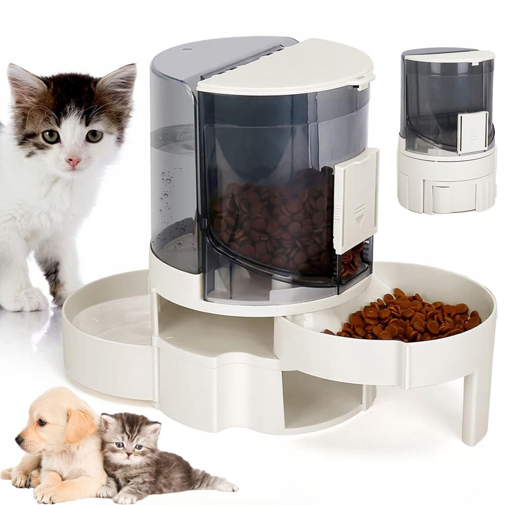 Levně 2V1 Automatický Dávkovač Na Vodu A Krmivo Pro Kočky A Psa Šedý 1.1 L/1.2 L