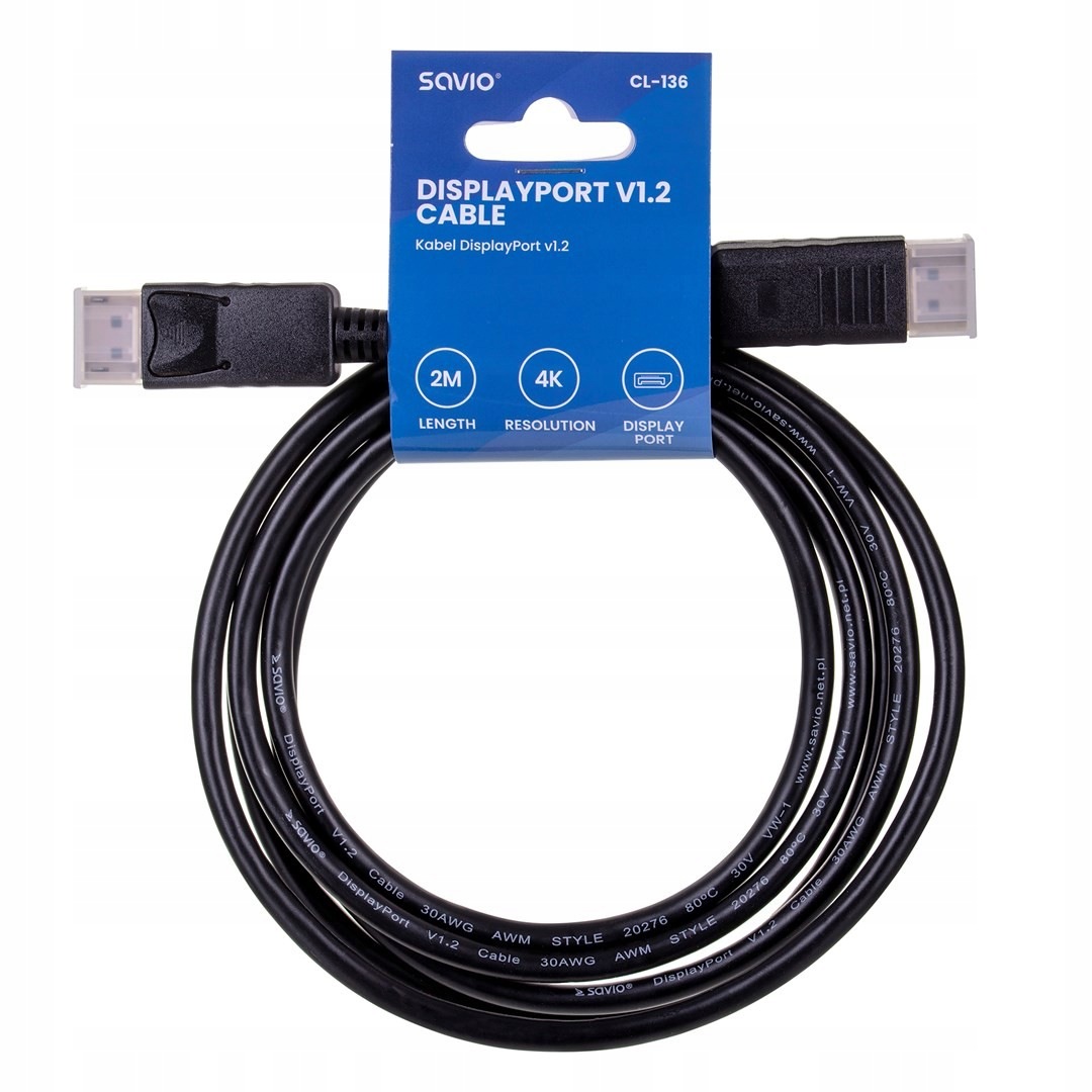 Kabel Savio CL-136 (DisplayPort M DisplayPort M 2m kolor czarny)