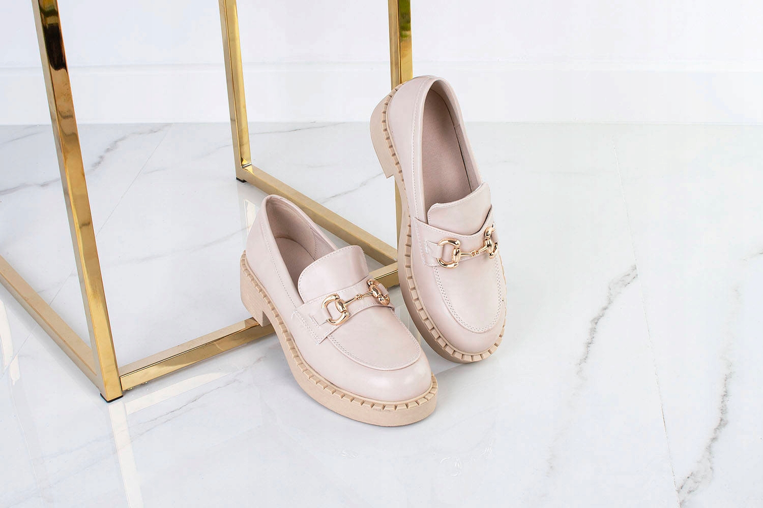 6464 BEŻOWE MOKASYNY PÓŁBUTY PLATFORMA ŁAŃCUCH 40 Rozmiar US 9