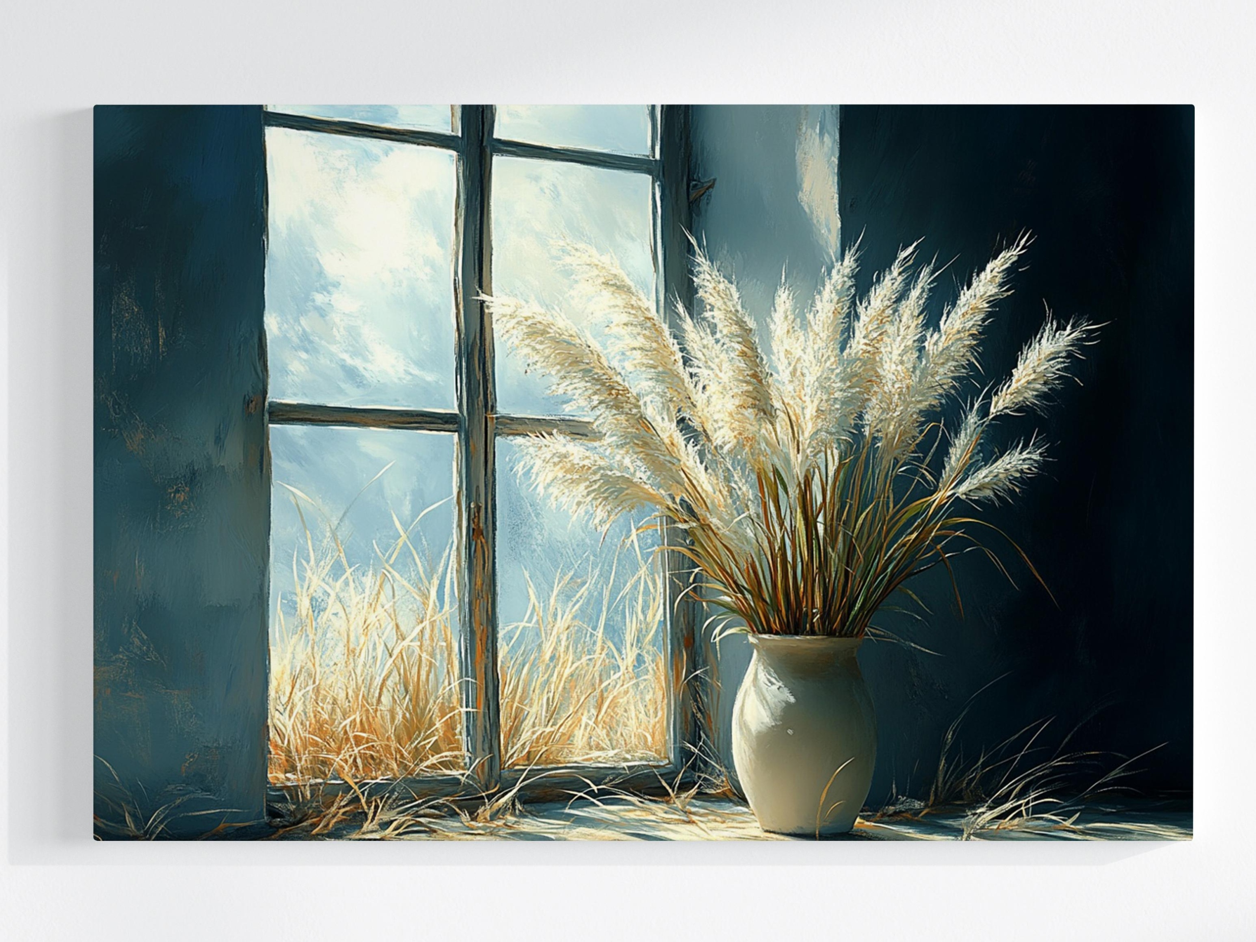 Obraz Na Plátně Canvas Dekorace Okno Tráva Ozdobná Pampasová Váza 120x80