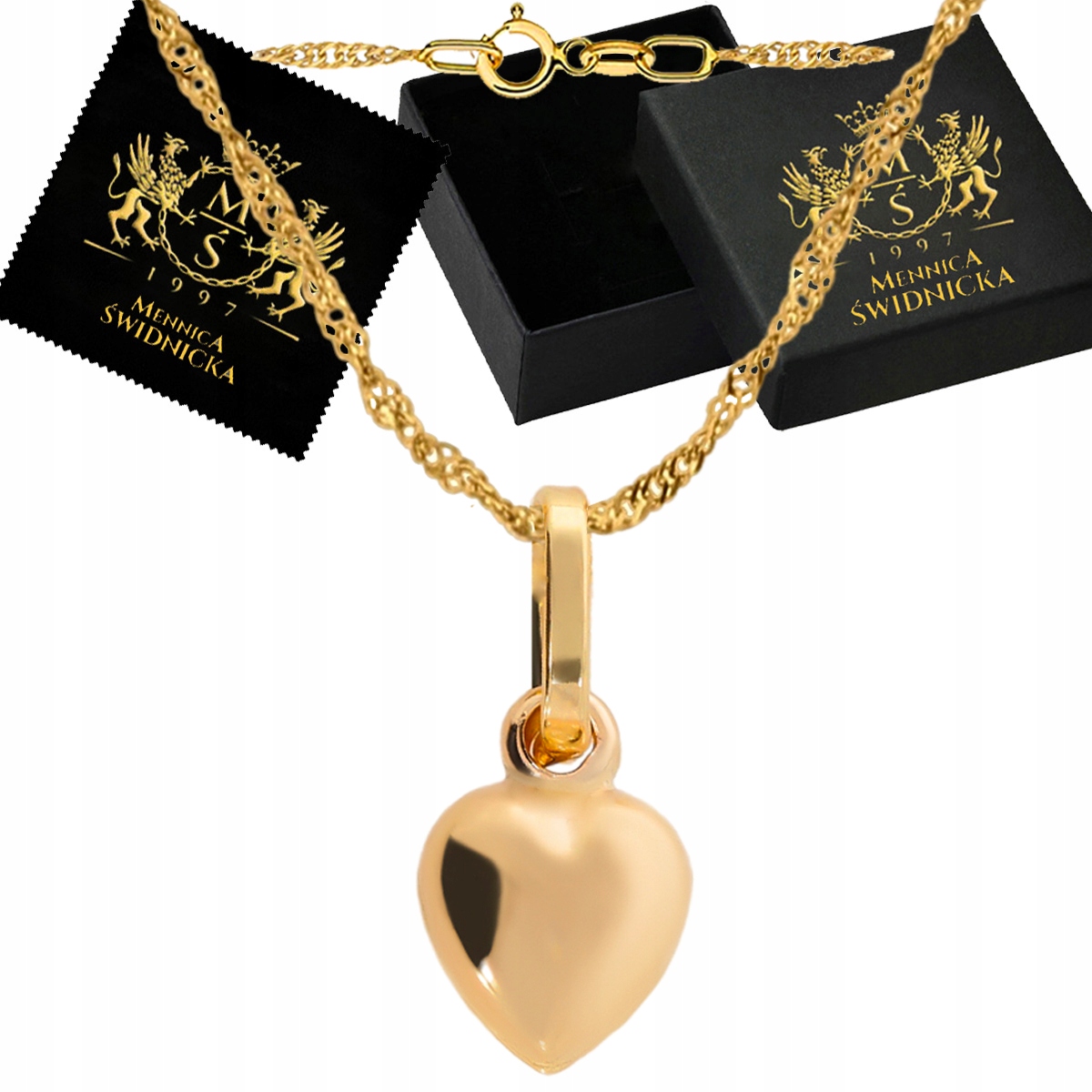 Naszyjnik Złoty Złoto 585 Naszyjnik 42 cm Serce Łańcuszek z Zawieszką
