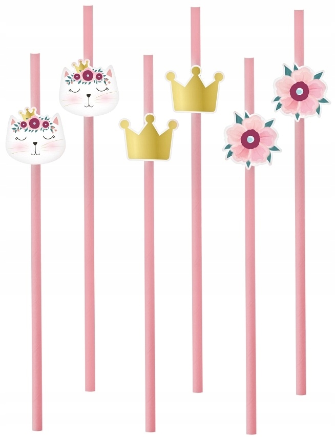 SŁOMKI PAPIEROWE RÓŻOWE KOTEK KOT URODZINY 6 SZTUK