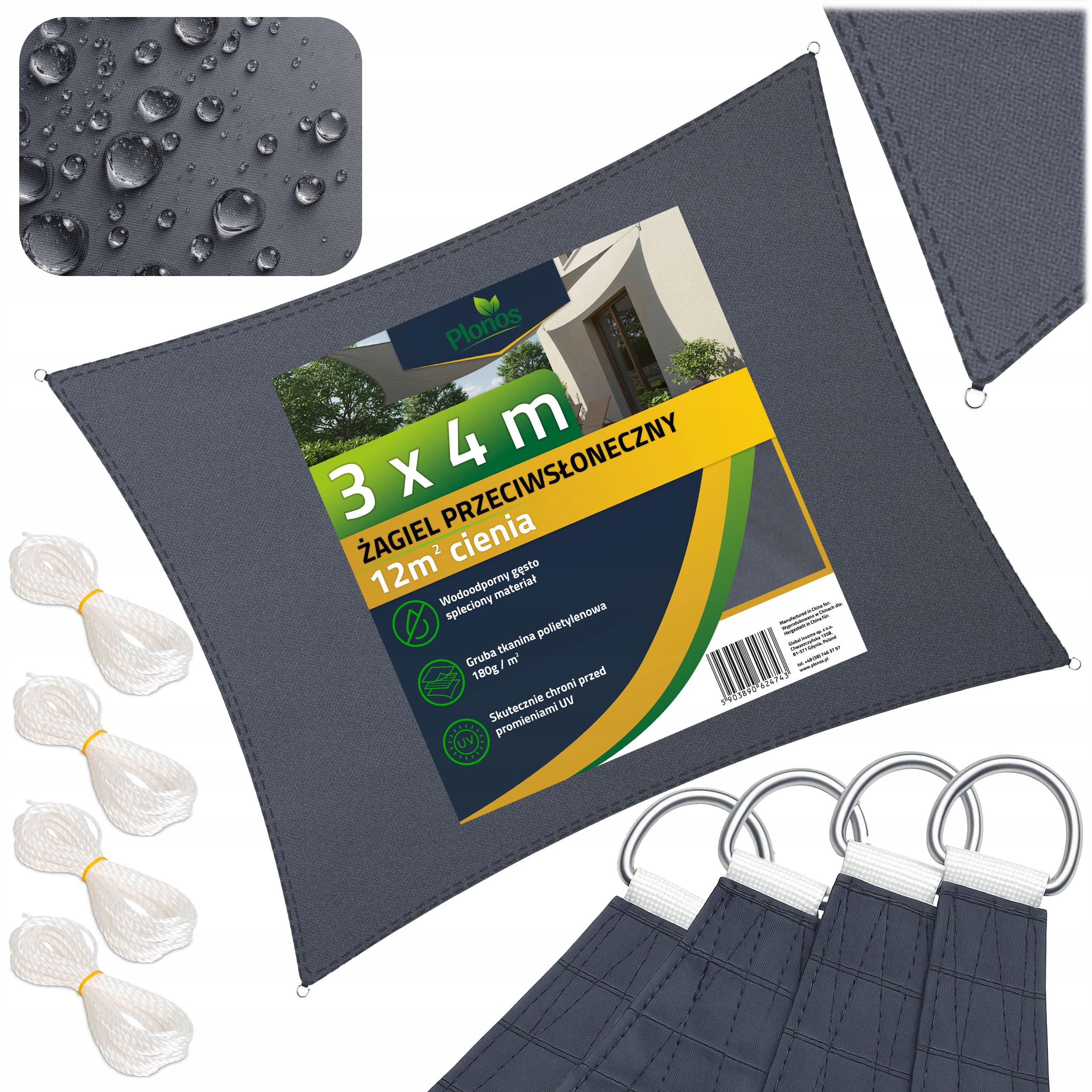 Żagiel Przeciwsłoneczny Prostokątny Ogrodowy 180g Na Taras Wodoodporny 4x3m