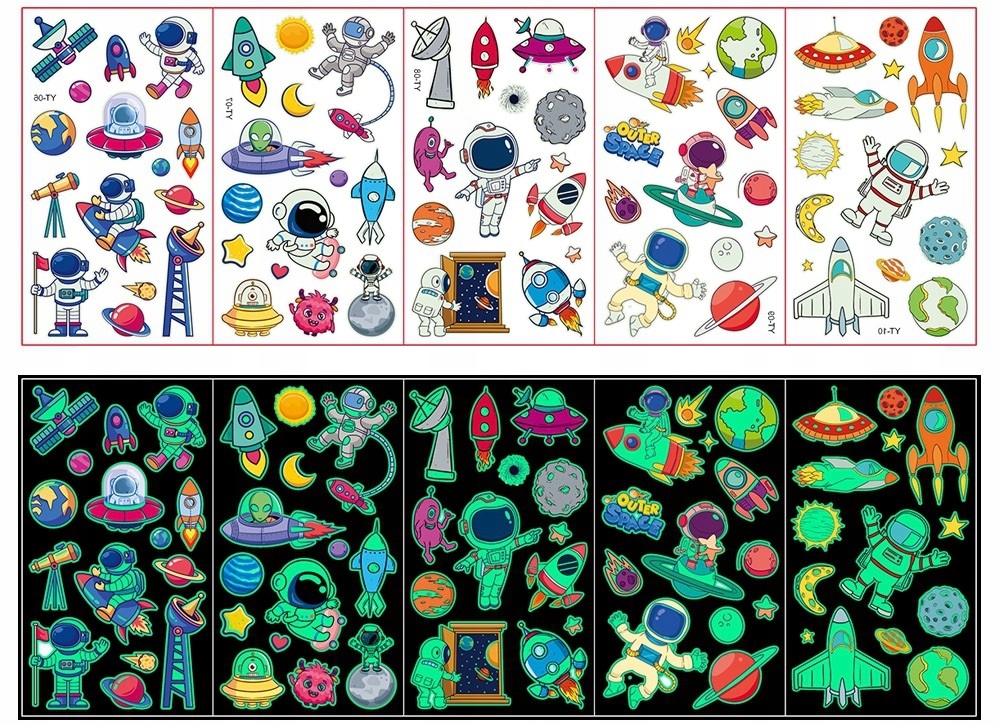 TATUAŻE ZMYWALNE KALKOMANIE ŚWIECĄCE W CIEMNOŚCI ASTRONAUCI KOSMOS 5 ARKU.