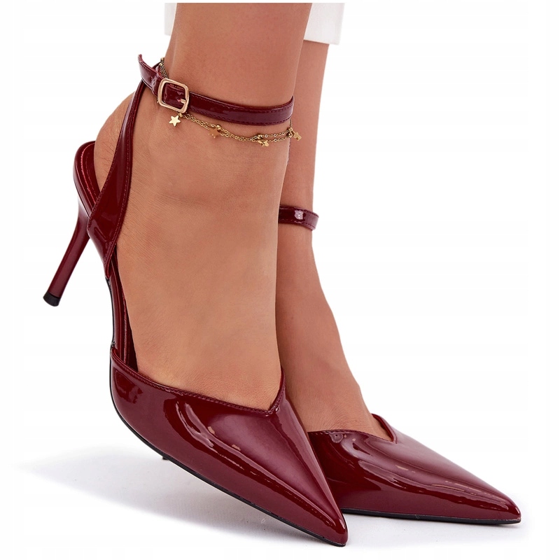 Szpilki Damskie Lakierowana Eko Skóra Odkryta Pięta Bordowe 39