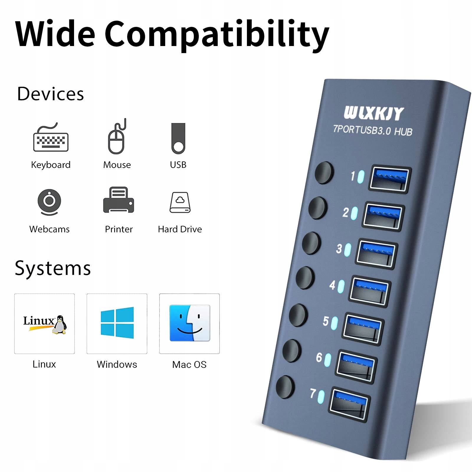 WLXKJY Hub USB 3.0 7-Port Aluminiowy Szybki Transfer Danych i Ładowanie — miniatura 4